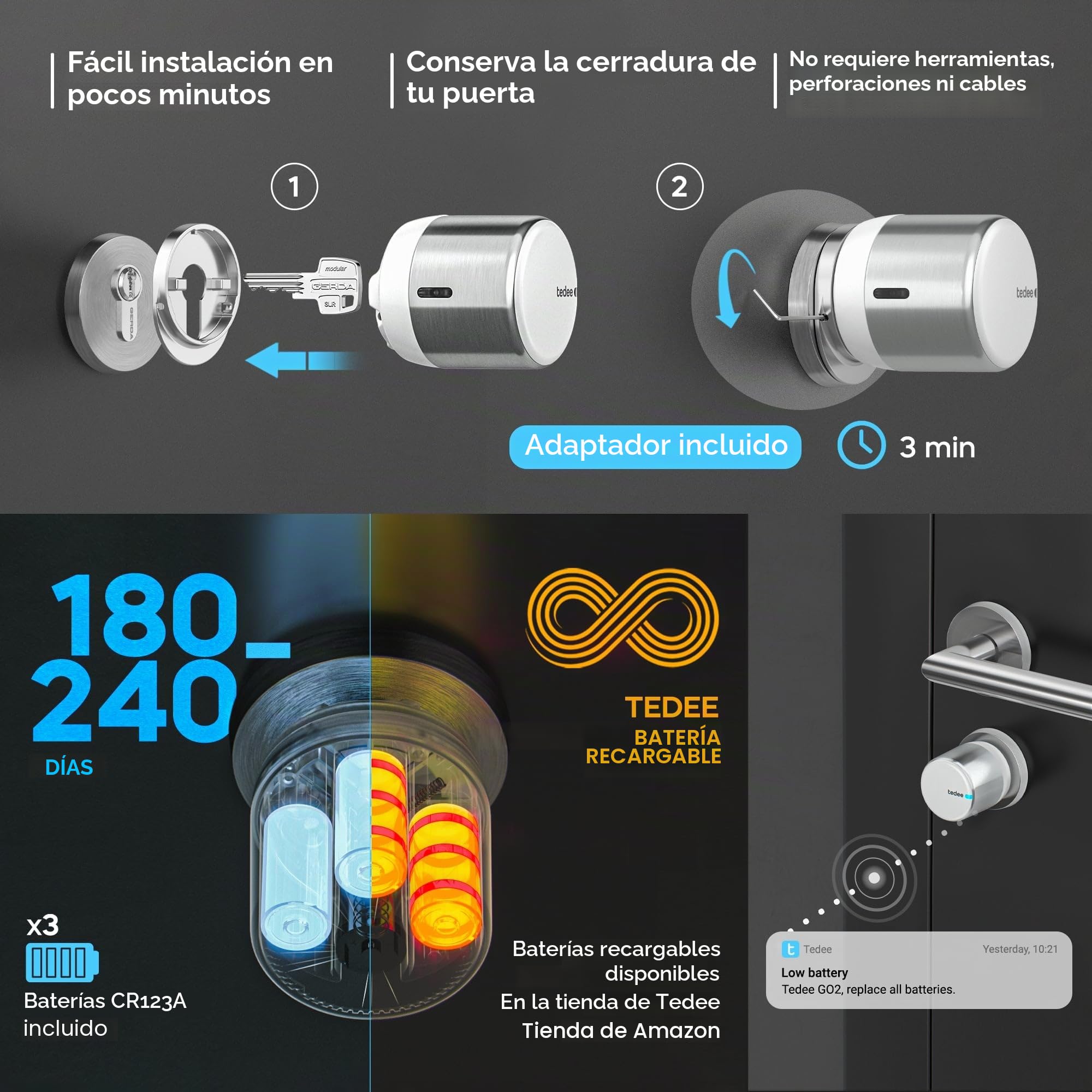 Tedee GO2 Alu Cerradura Inteligente con WiFi, Cilindro Exxo Smart, Huella Dactilar y Sensor de Puerta, Seguridad Clase 6, Acceso Remoto y Bloqueo Automático sin Llave | Alexa, Google, Apple, Matter