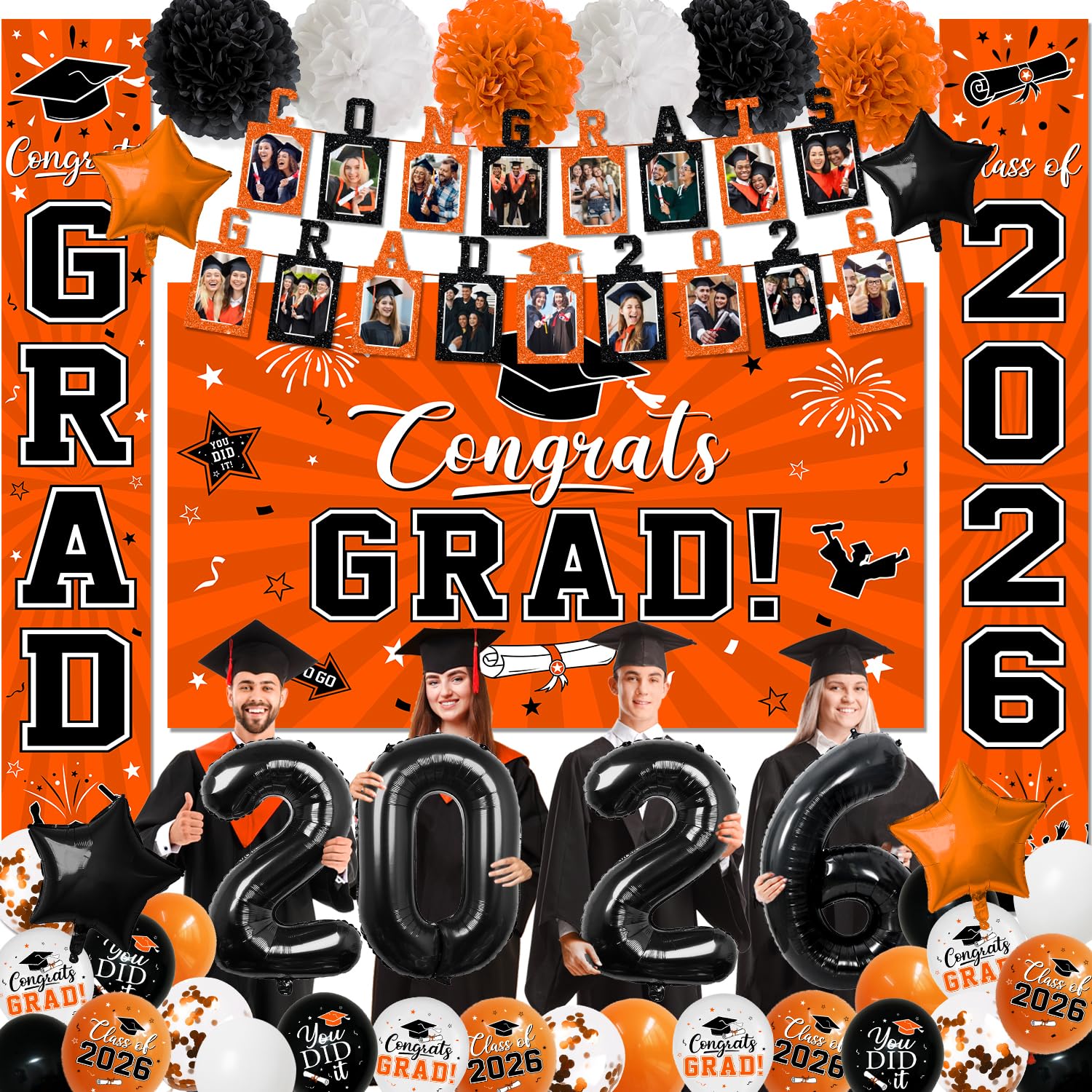2026 Graduation Decorations, Orange Themed Class of 2026 Decorations Set, Congrats Grad Backdrop, Photo Banner, Door Banner, Balloons and Pom Poms