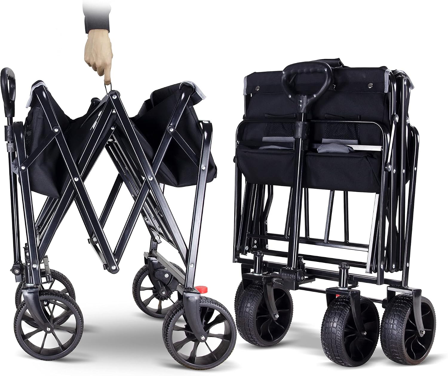 TMZ Collapsible Beach Wagon Cart Utility Folding Pull Wagon with Rubber Wheels Portable Garden Cart with 265lbs Capacity, All Terrain Wagon for Shopping,Camping and Outdoor Activities (Black/Grey)