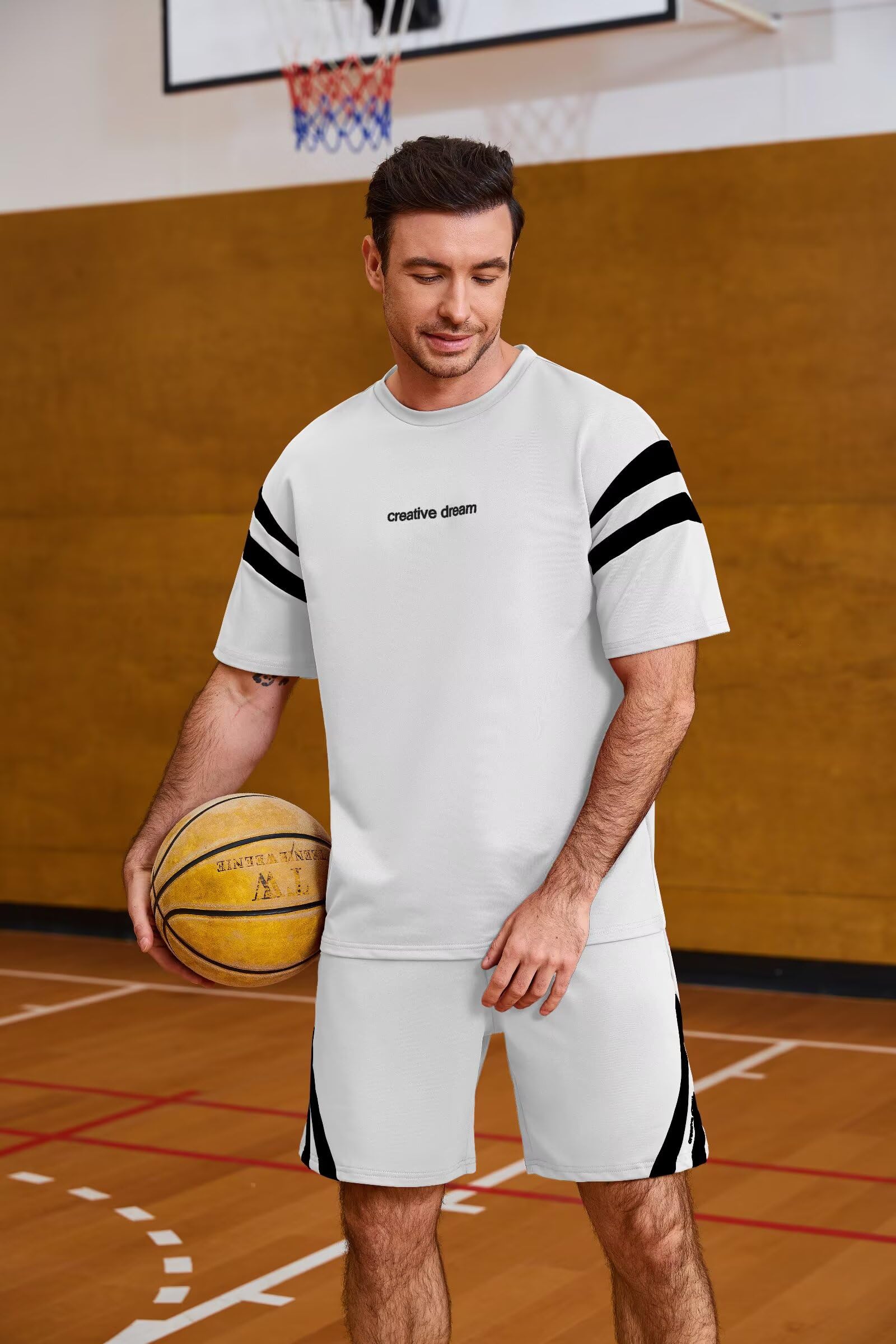 Remxi Tuta da uomo in 2 pezzi, set estivo corto da uomo, maglietta a righe e pantaloni, tuta casual