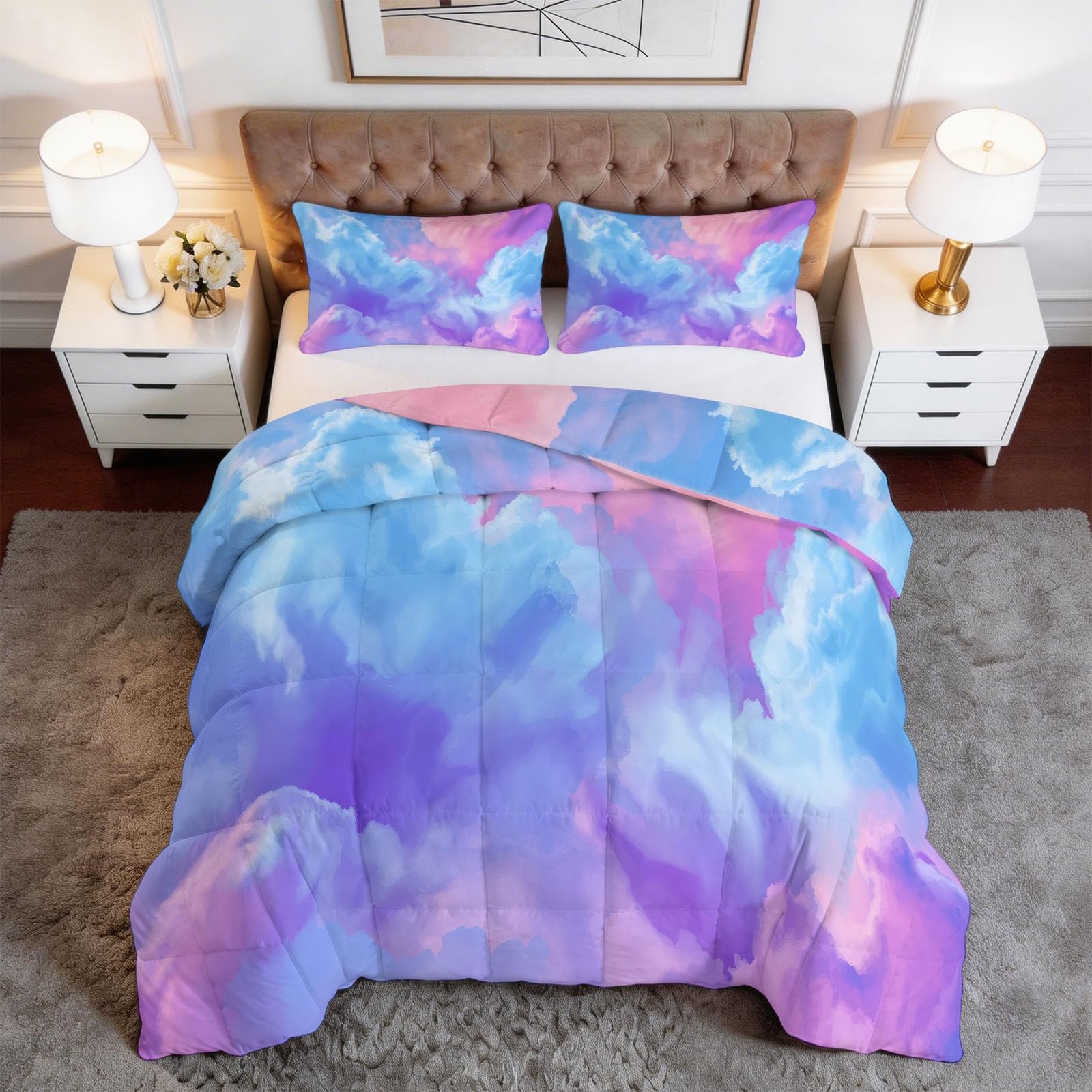 Générique Trapunta 200 x 220 cm Acquarello Sognatore Nuvole Arte - Piumino senza fodera reversibile stampato 4 stagioni blu-viola - Piumino lavabile leggero traspirante coperta trapuntata estiva fine