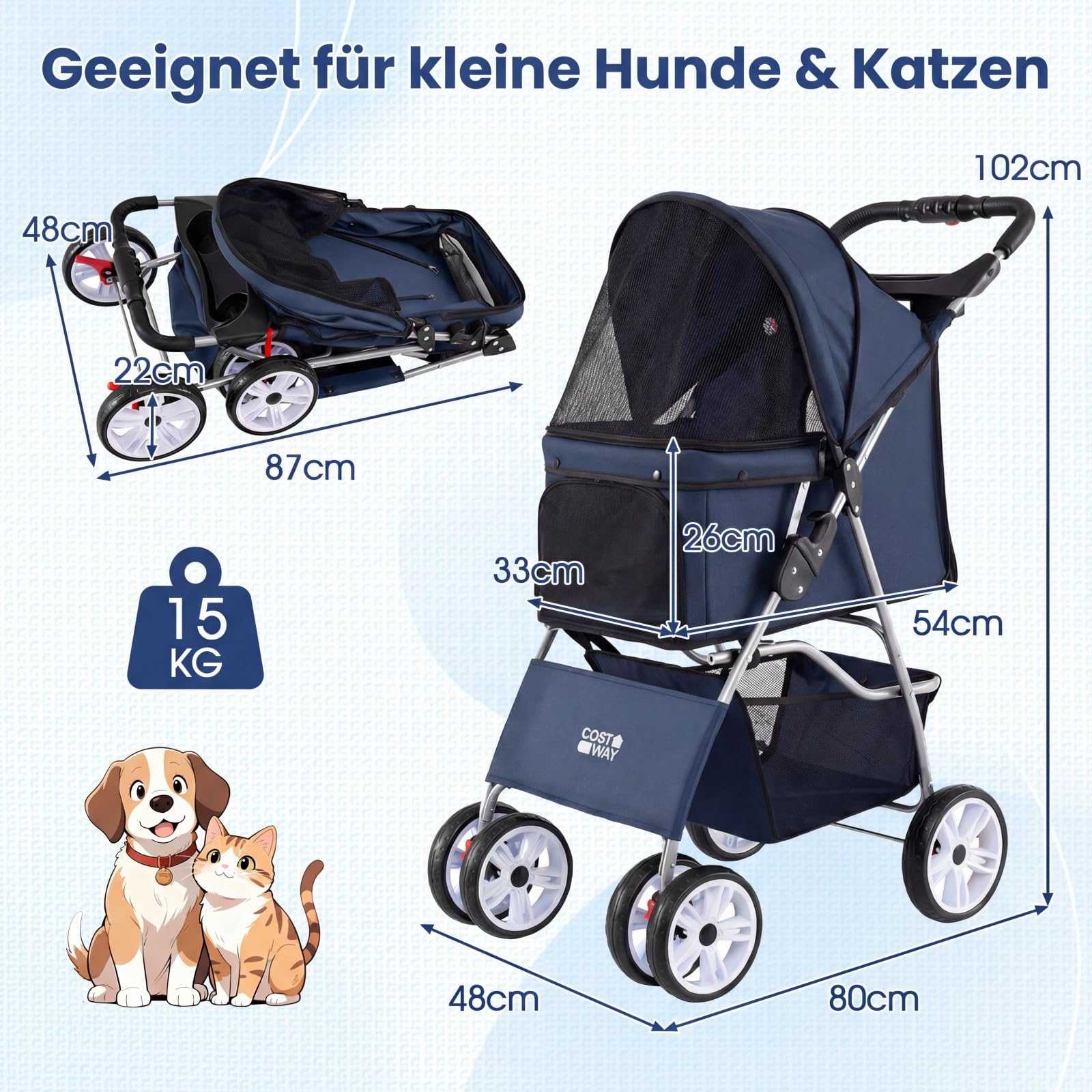 COSTWAY Hundewagen klappbar, Hundebuggy mit verstellbarem Vordach, Netzfenstern, Korb & Getränkehalter, Katzenwagen Haustierwagen, Haustierbuggy für Katzen Hunde bis 15 kg (Blau)