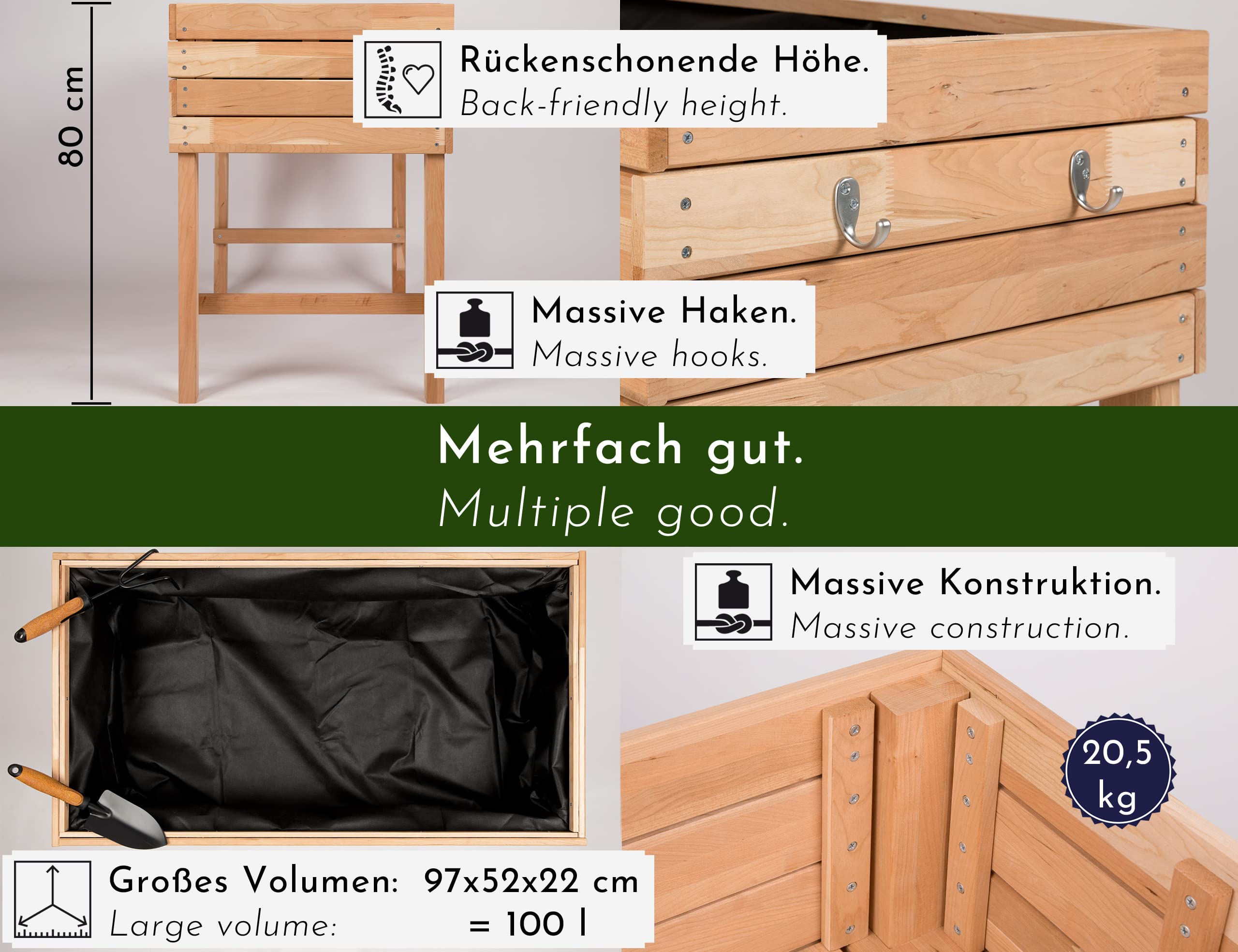 Huerto Urbano, Jardinera elevada de Madera de Cerezo para jardín, balcón o terraza, Kit de Maceta XL Rectangular lámina Interior, para Hierbas aromáticas, marrón