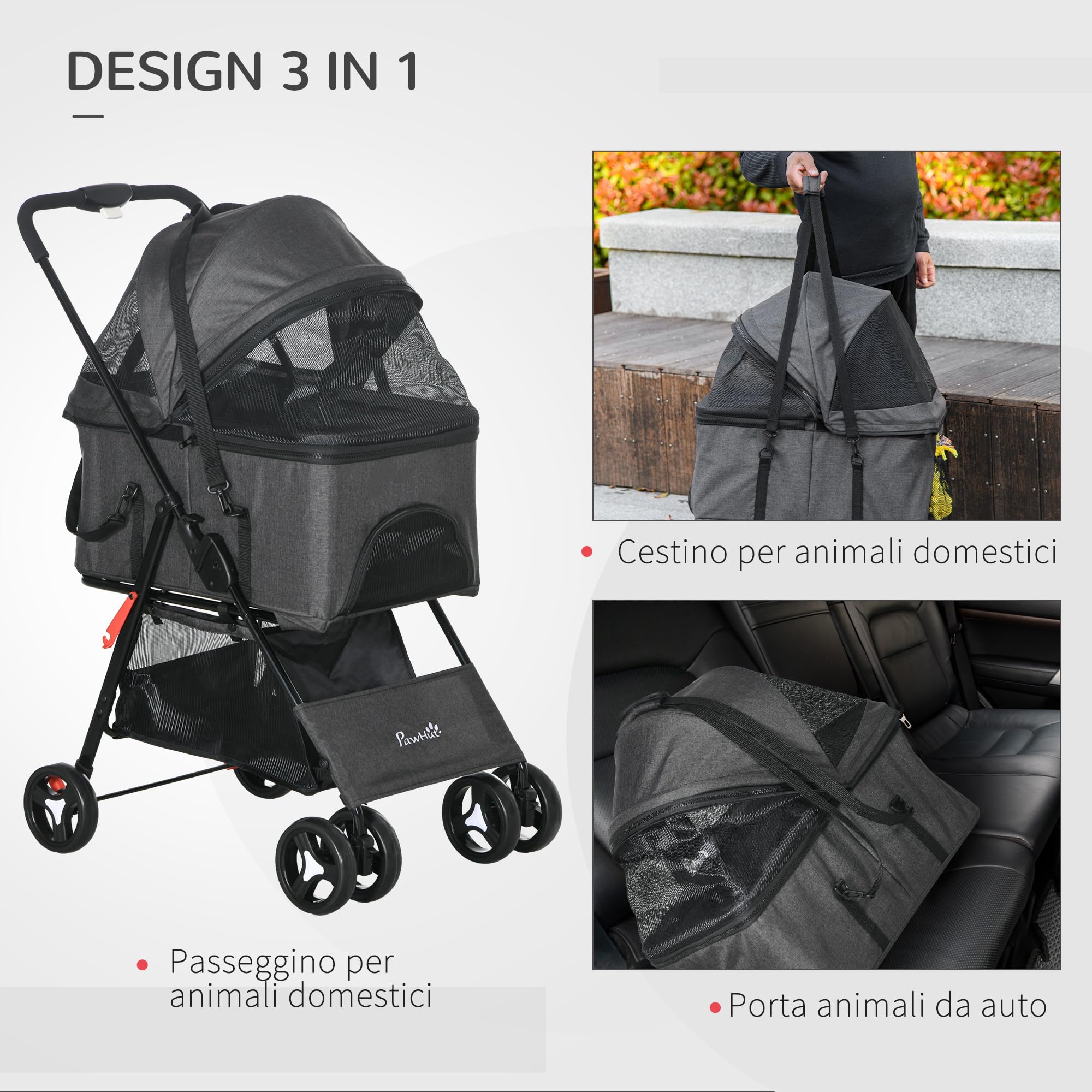 PawHut Passeggino per Cani 3 in 1, Cesta Rimovibile e Trasportino, Passeggino per Animali con Guinzaglio, Cuscino, Cestino e Tettuccio, Grigio