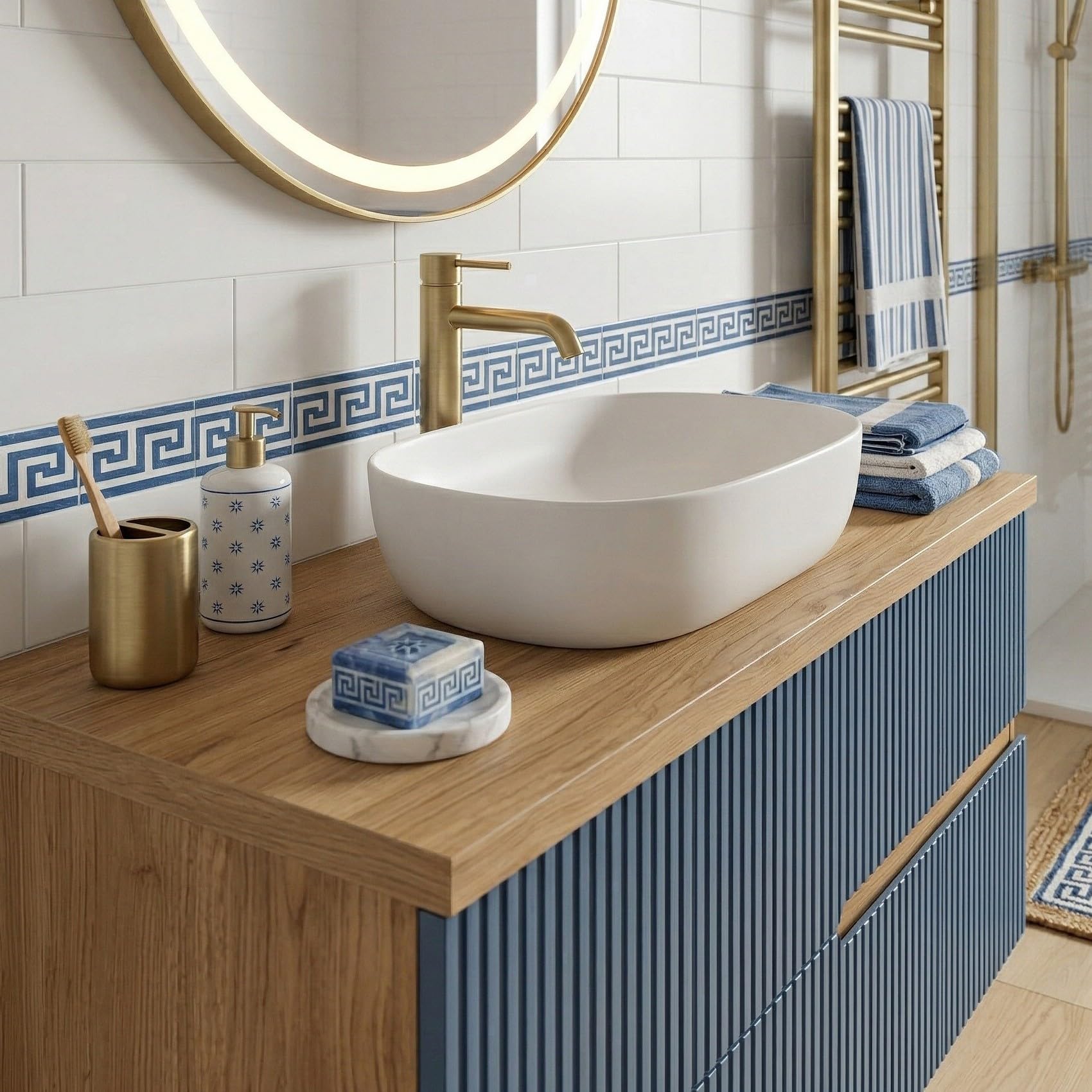 SANIVERRE EVA Meuble Vasque à Poser Suspendu L.100 cm Chêne Naturel 2 Tiroirs Bleu Mer Cannelé (sans Colonne) Salle de Bain