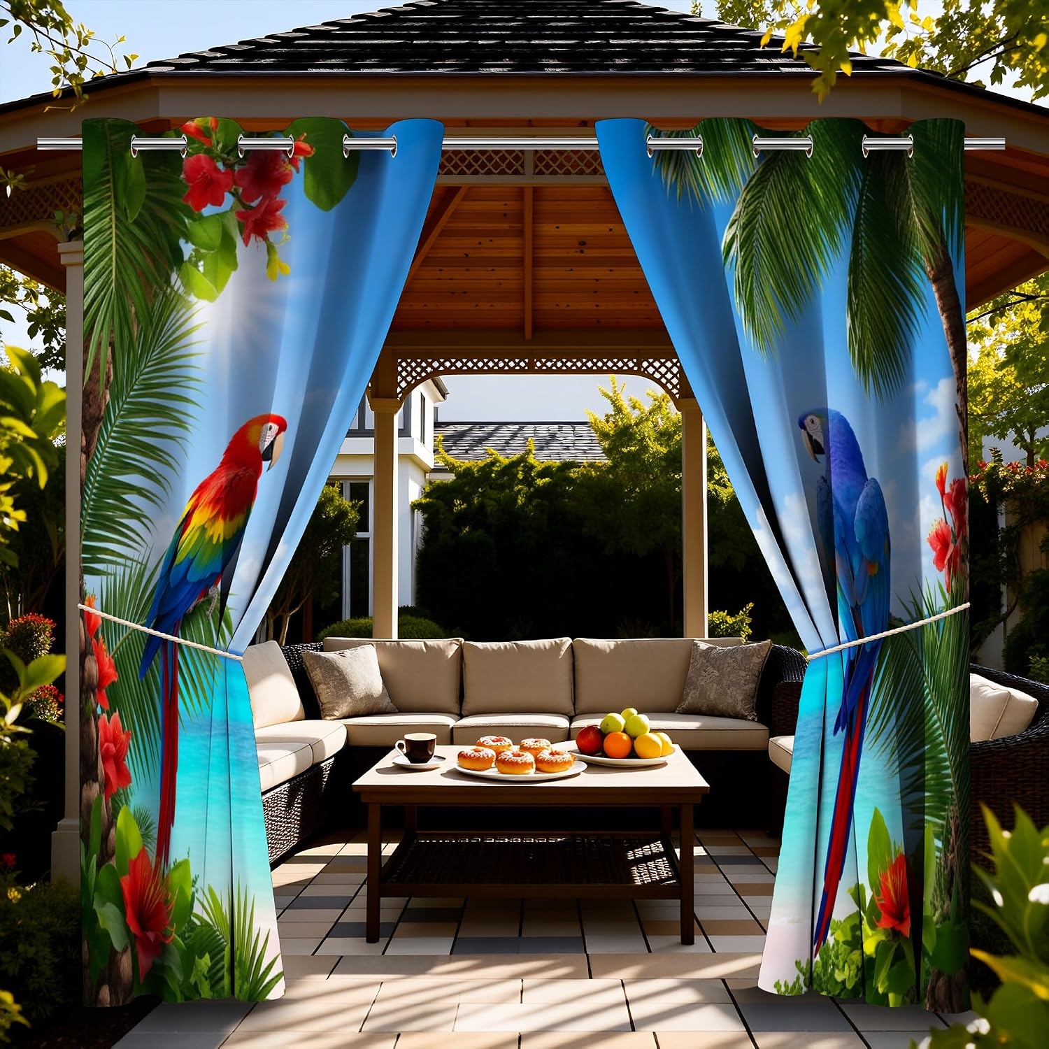 Tropical Beach Theme Waterproof Outdoor Curtains for Patio,Parrot Print,Grommet Curtain for Bedroom,Porch,Living Room,Pergola,Cabana,2 Panels,54 x 84 inch,Blue red