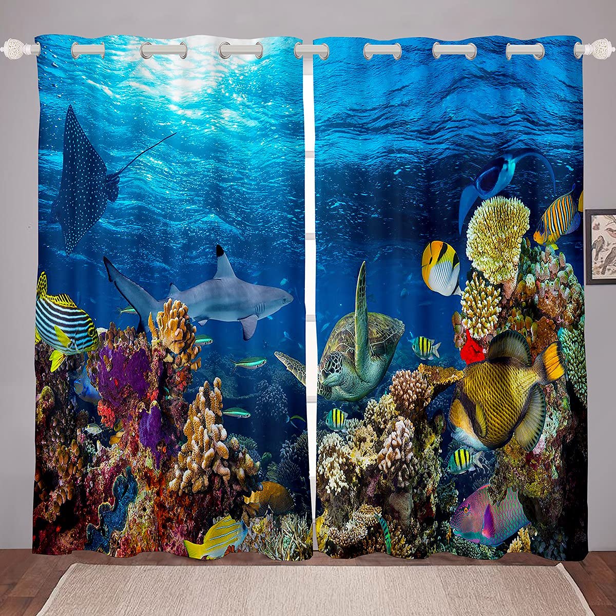 Rideaux de fenêtre 3D tortue de mer salon déco océan bleu sarcelle 132x228