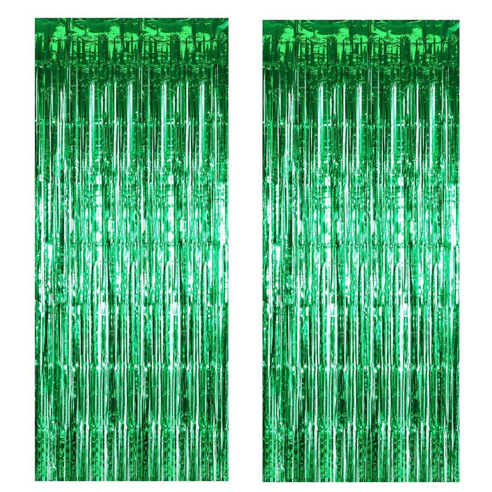MORANTI Green Metallic Foil Fringe Curtain Foil Fringe Curtain for Birthday Christmas Party Photo Backdrop Wedding Event Decor, Set of 2 (3 feet x 8