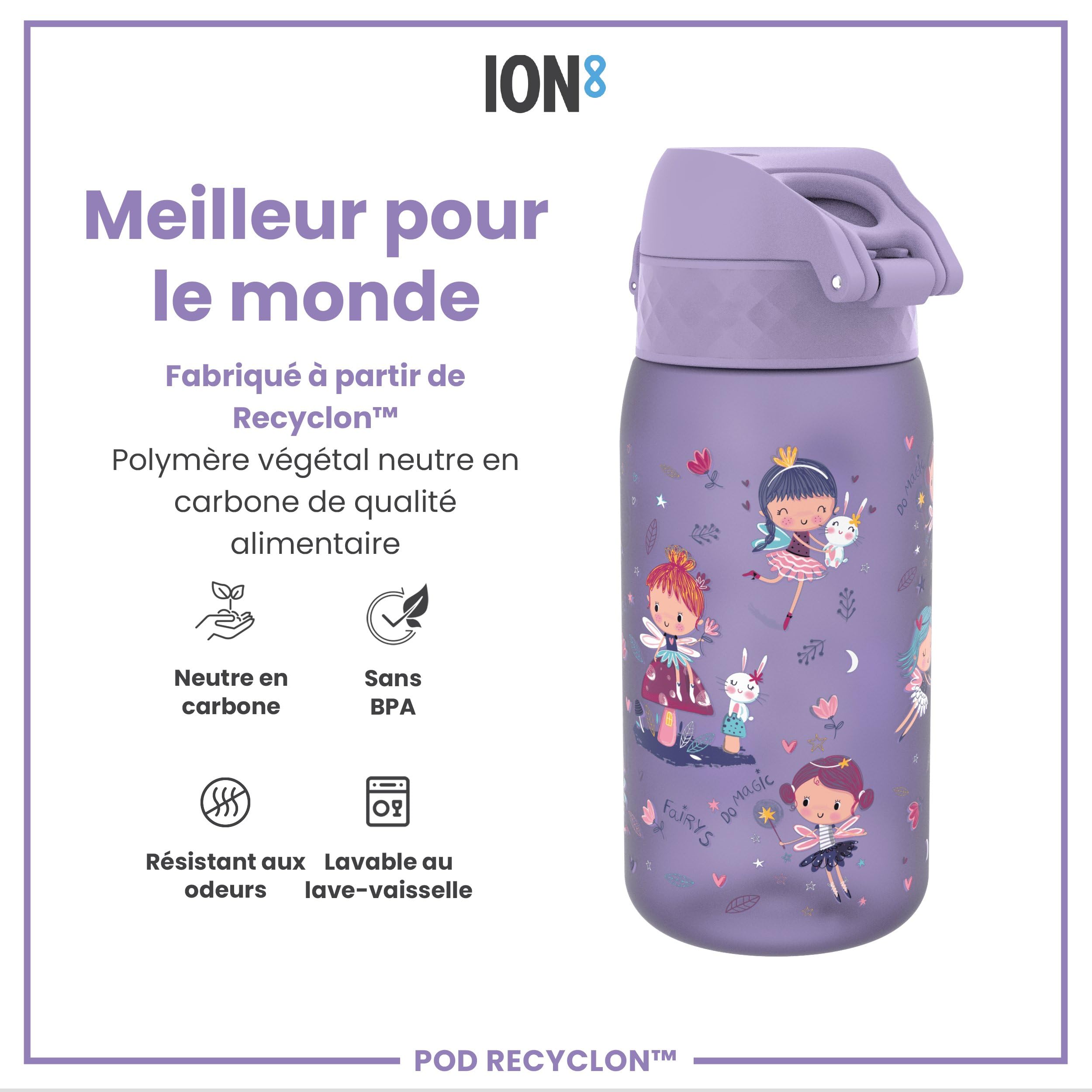 Ion8 Gourde Enfant, 350ml, Anti-Fuite, Facile à Ouvrir, Verrouillage Sécurisé, Lavable en Lave-Vaisselle, Sans BPA, Poignée de Transport, Facile à Nettoyer, Carbone Neutre, Fées