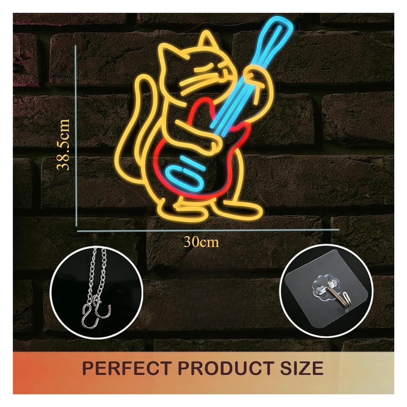 LED néon signe Panneau Néon Led Avec Guitare Et Chat, Alimenté Par USB, Lumière Variable, Pour Décoration De Chambre À Coucher, Magasin, Bar Musical, Fête, 38.5cmX30cm