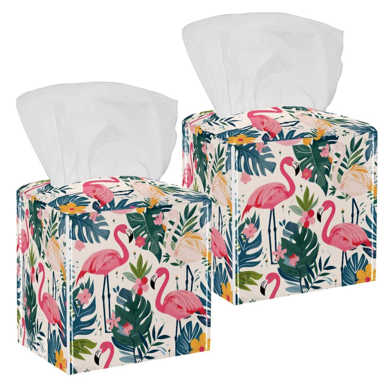 Flamingo Tissue Box Cover, 2 Pack PU Leather Square Facial Tissue Dispenser Box holder for Home Office Car