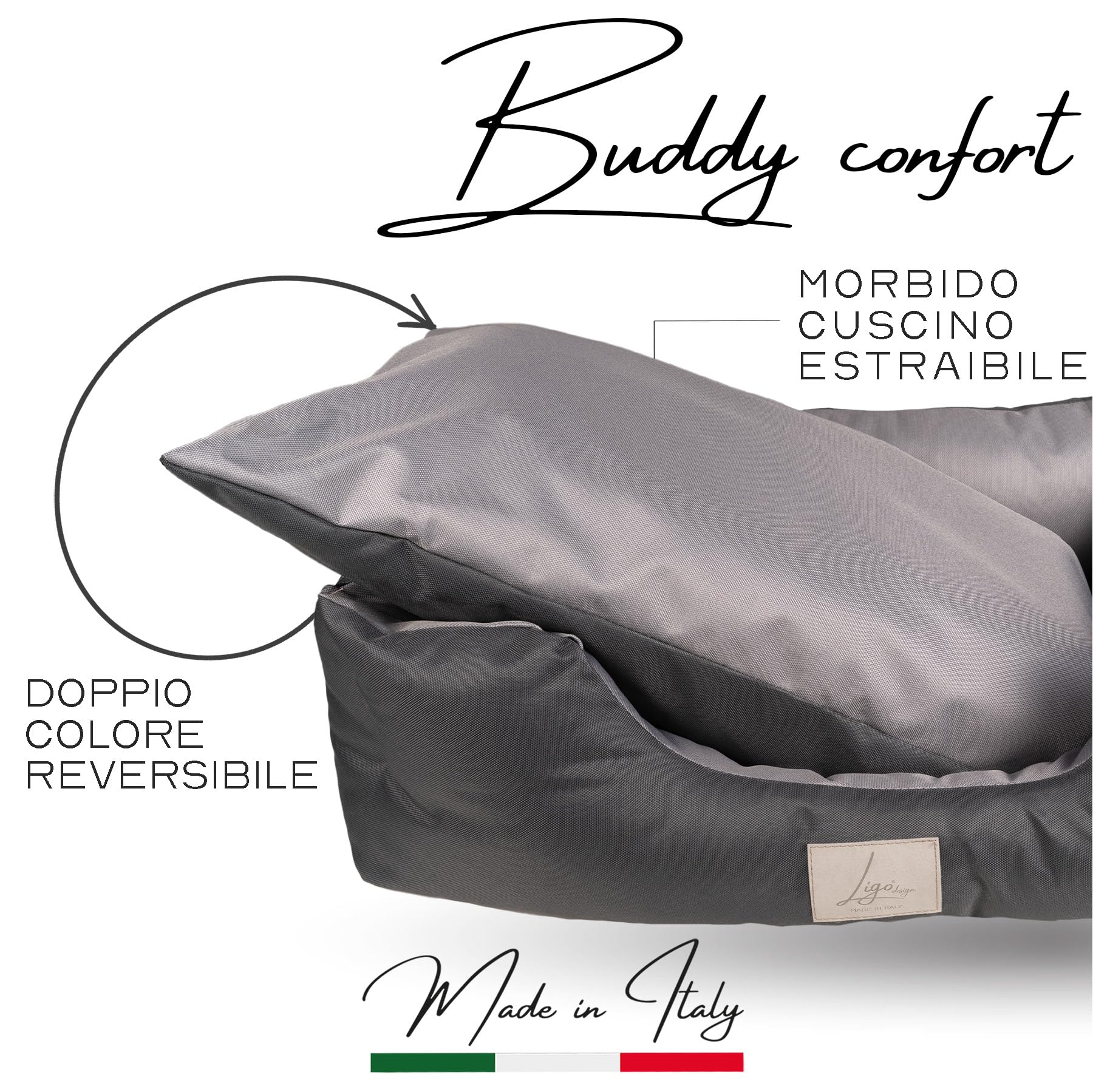 Ligo Buddy Confort - Cuccia per cani Lettino per cani idrorepellente antigraffio in Nylon,realizzata in Italia.Cuscino per Cane, uso interno/esterno. XS/S: 50 X 60 cm, ANTRACITE/GRIGIO