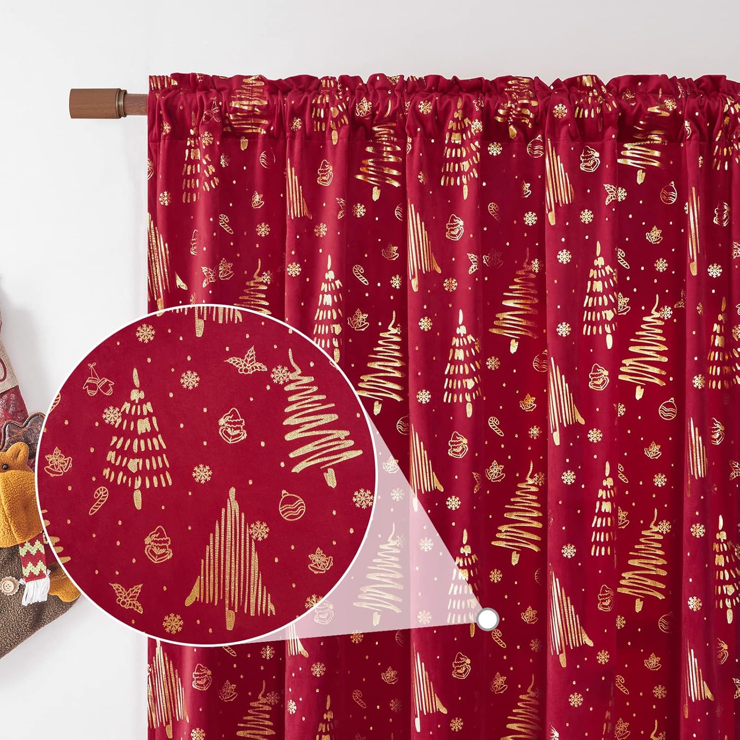 96 inches Long Red christmas curtains velvet for Living Room, Printed with Grinch & Tree Pattern Thermal Insulated Blackout Curtains drapes for winter 96 inch length 2 Panels Set cortinas navideas