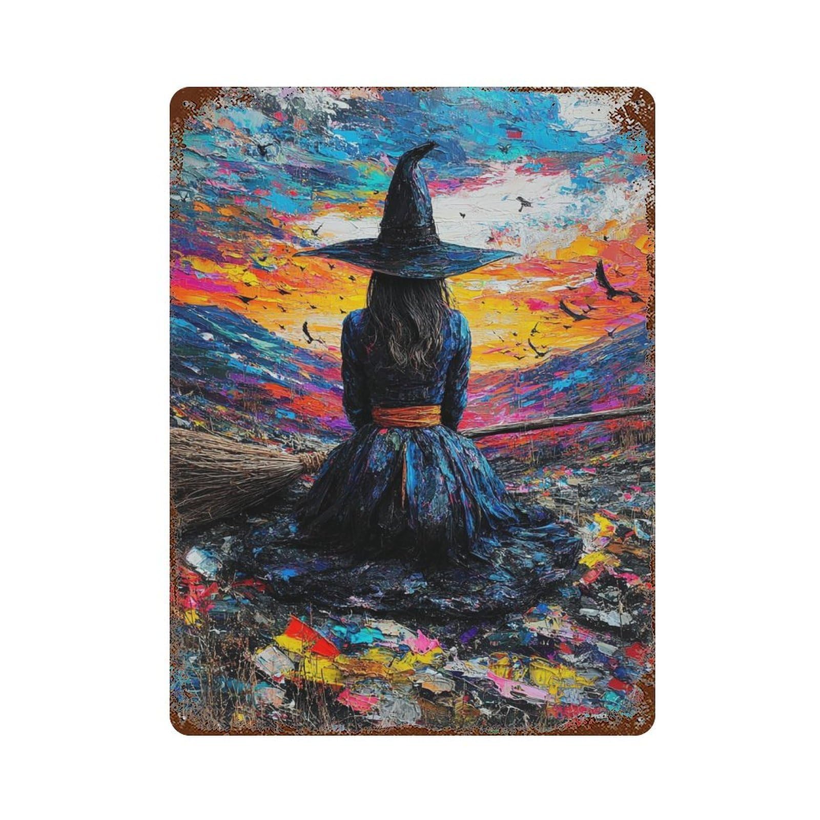 Witch at Sunset 15.7"x11.8" Vintage Metal Tin Sign, Retro Wall Decor for Office, Studio And Wall Decor