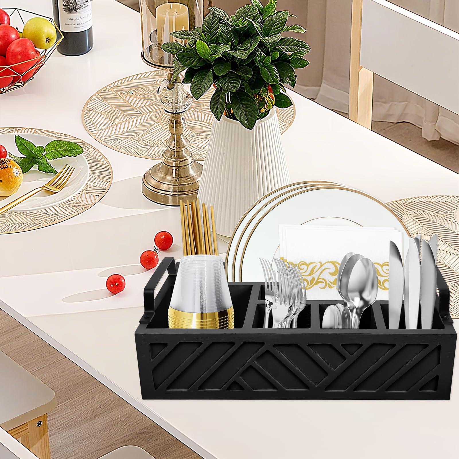Caddy - Set di 6 scomparti per banconi in legno, 29,7 x 20,1 x 9,5 cm, multifunzione, per piatti di carta, organizer rustico, accessorio per il bar, porta utensili caddy (nero)