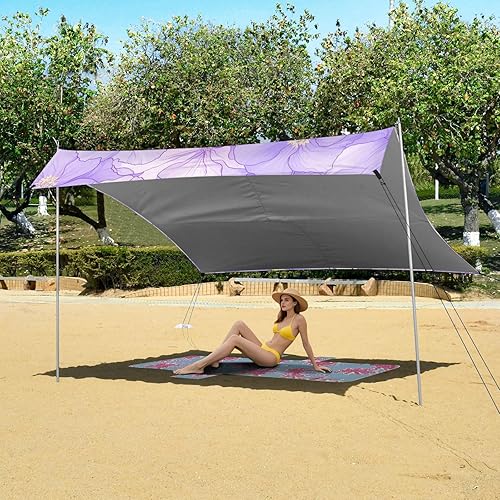 Miniatura 6 de Tienda de campaña de playa con flores lavanda ligera, UPF50, fácil instalación, refugio solar con postes resistentes, sacos de arena y pala para