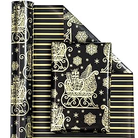 WRAPAHOLIC Reversible Black and Gold Christmas Wrapping Paper - Mini Roll - 17 Inch x 33 Feet - Black Gold Sleigh and Stripe Wrapping Paper with Metallic Foil Shine for Christmas, Holiday, Party