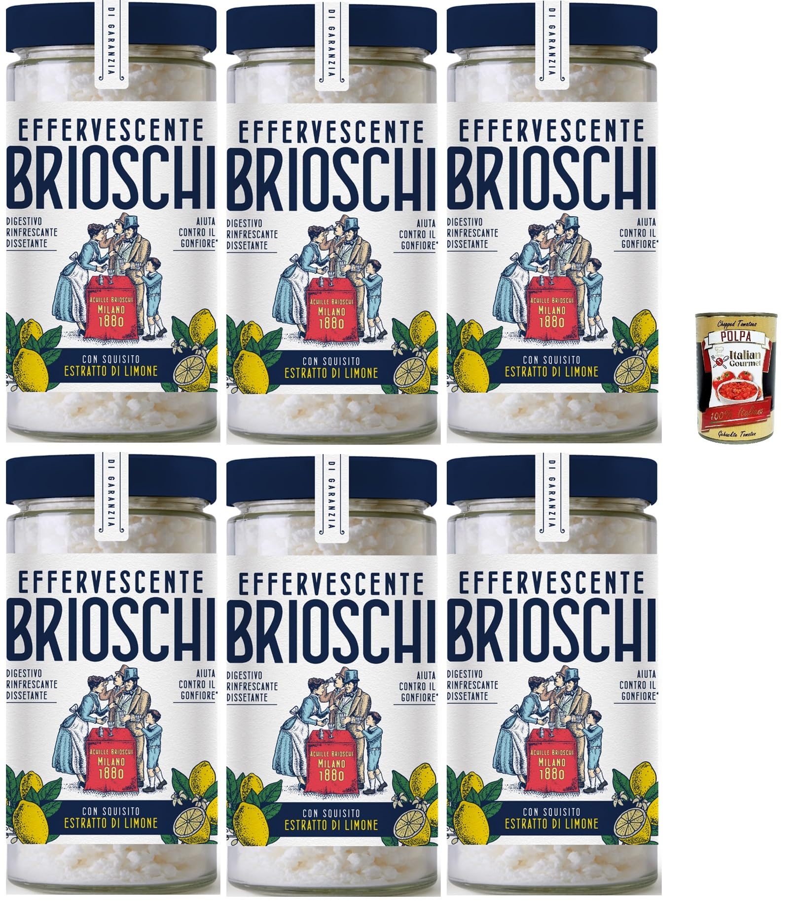 Brioschi Digestivo, rafraîchissant et digestif assoiffé, citron vert, dissolution rafraîchissante pour la digestion, au goût citron, 6 x 200 g, + Italian Gourmet Polpa 400 g