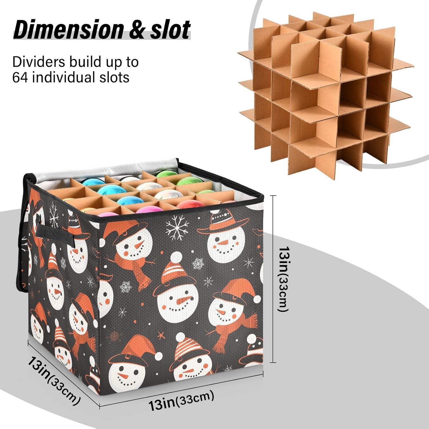 High Capacity Christmas ornament storage Holds Up to 64, Adjustable Dividers Holiday Storage Case with Lid,before Christmas Snowman Orange Black