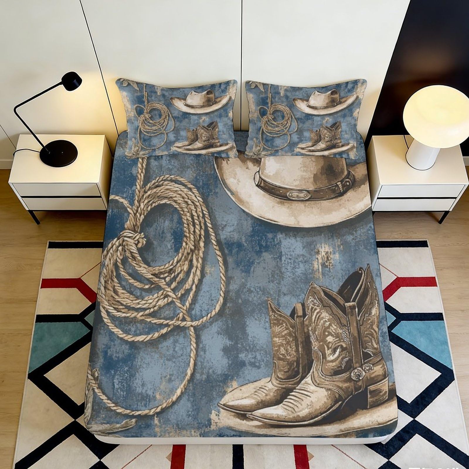 3D Printed Western Cowboy Hat Fitted Sheet Microfiber Durable Soft Rope Boots Bed Cover for Bedroom Dormitory Guest Room Mattress Protection 160x200x25cm