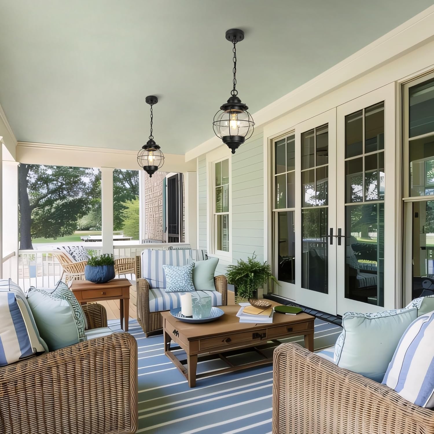 Outdoor Pendant Light Fixture, Farmhouse Globe Exterior Hanging Lights with Adjustable Chain, Black Ceiling Outdoor Lantern Light with Seeded Glass for Front Door, Entry, Porch, and Gazebo