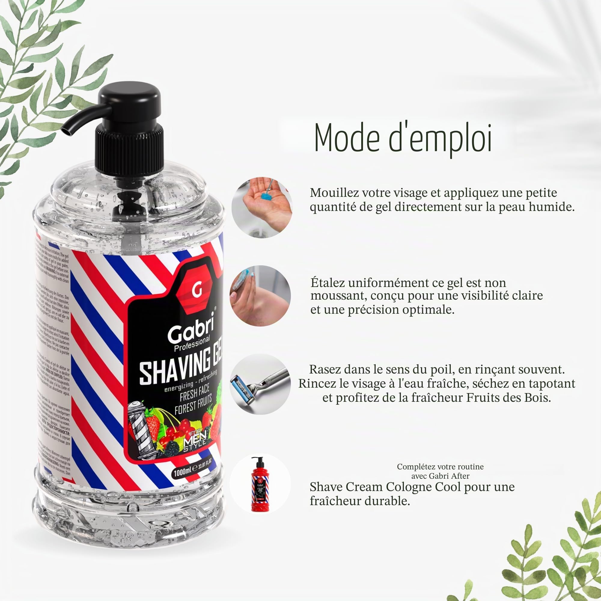 Gabri Gel à raser avec pompe Transparent 1000 ml | Expérience de rasage hydratante et lisse | Fresh Active Facile, Rafraîchissant, Smooth Shave (fruits de la forêt)