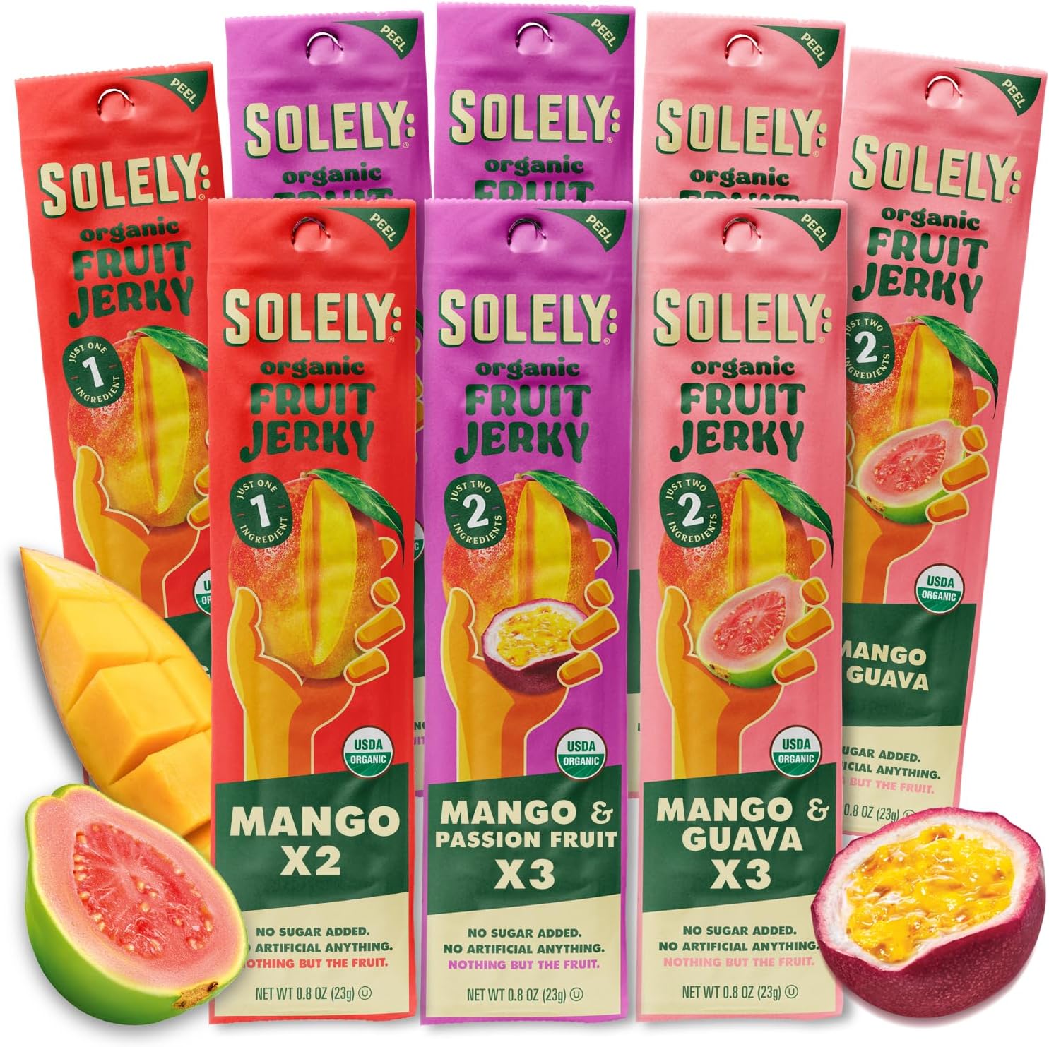 SOLELY - Organic Fruit Jerky Variety Pack - 8 Flavors, 8 Individually Wrapped Strips - Fruit Leather Made from Dried Fruit - Healthy Snacks for Adults & Kids - Non GMO, Vegan - 0.8oz (23g)