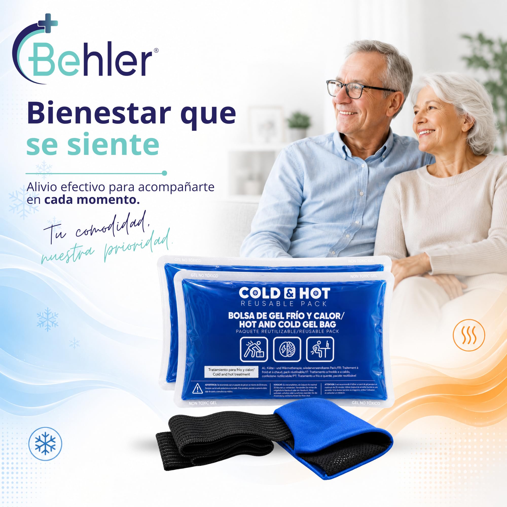 Pack de 2 Bolsas de Gel Frío o Calor Reutilizables (26 x 15 cm) - Incluye 1 Funda Multiposición de Tela con banda de compresión - Aptas para Nevera y Microondas - Ideales para Terapias