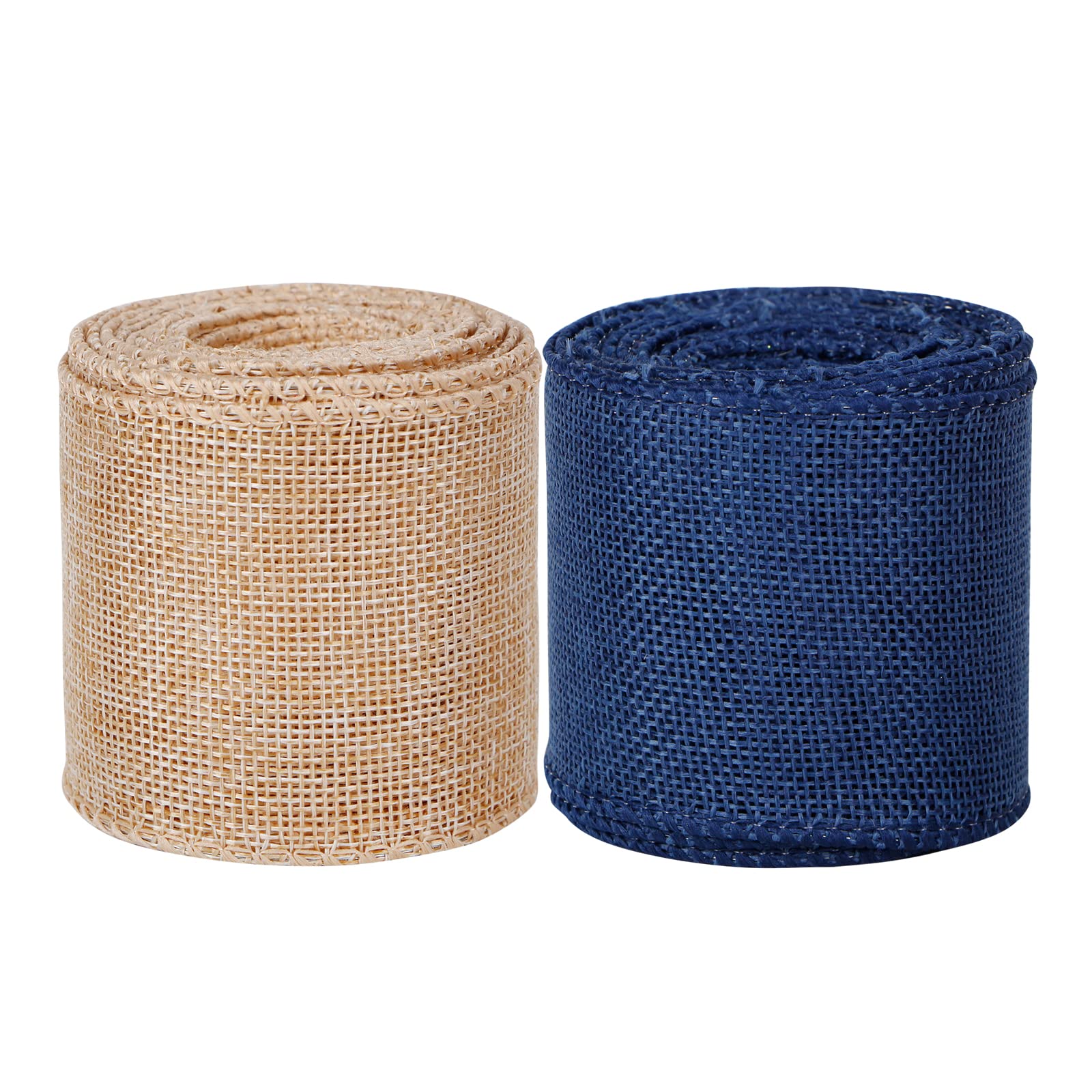 Burlap Ribbon Rustic Wired Wide Ribboon 2 Rolls 2-1/2'' 12 Yards for Gift Wrapping Crafts (Natural+Blue)