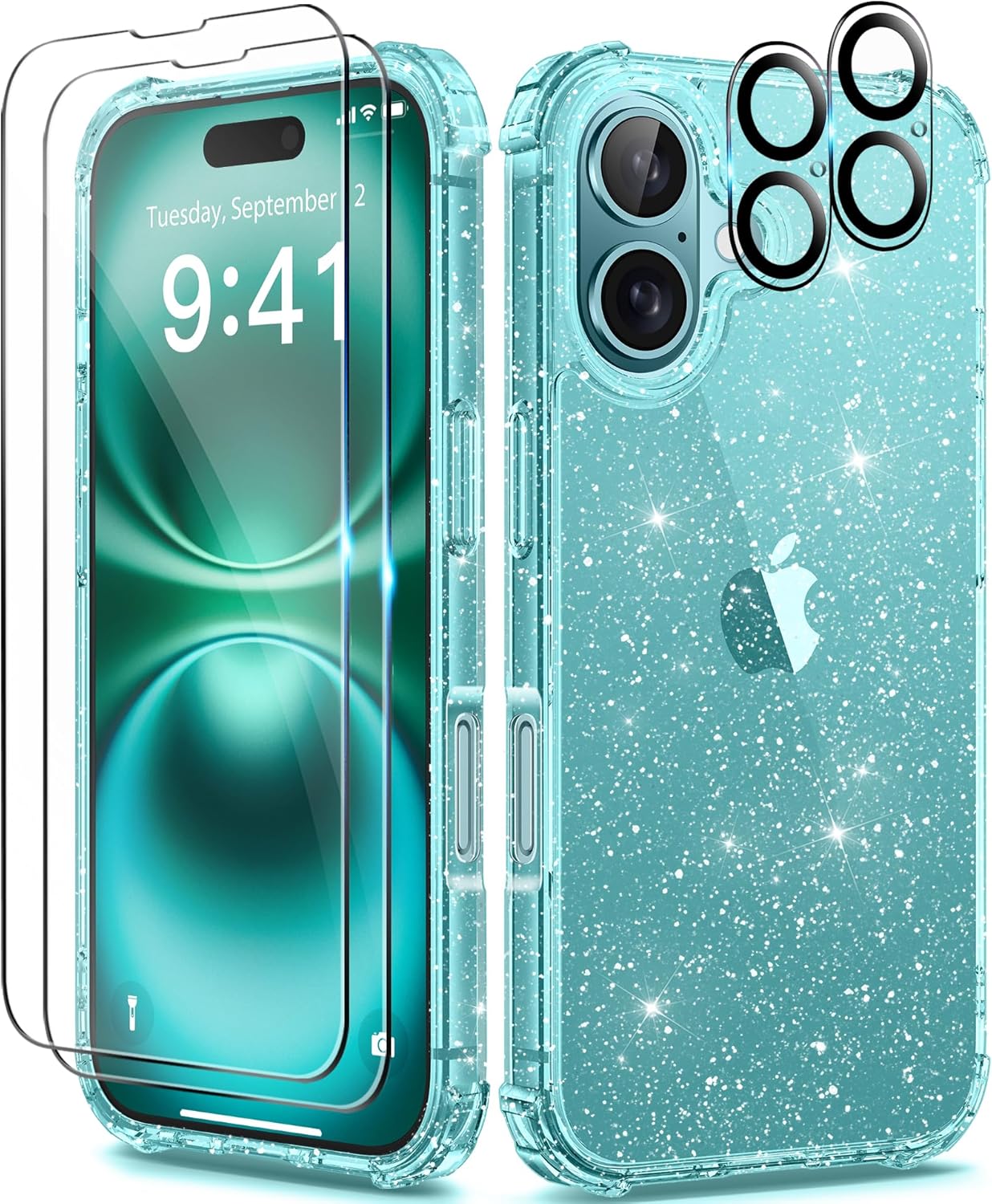 BERFY Compatible with iPhone 16 Case Glitter, [5 in 1] with 2X Screen Protector + 2X Camera Lens Protector, [Non-Yellowing] Clear Sparkle Slim Shockproof Hard Phone Cover for Women 6.1″, Shiny Green
