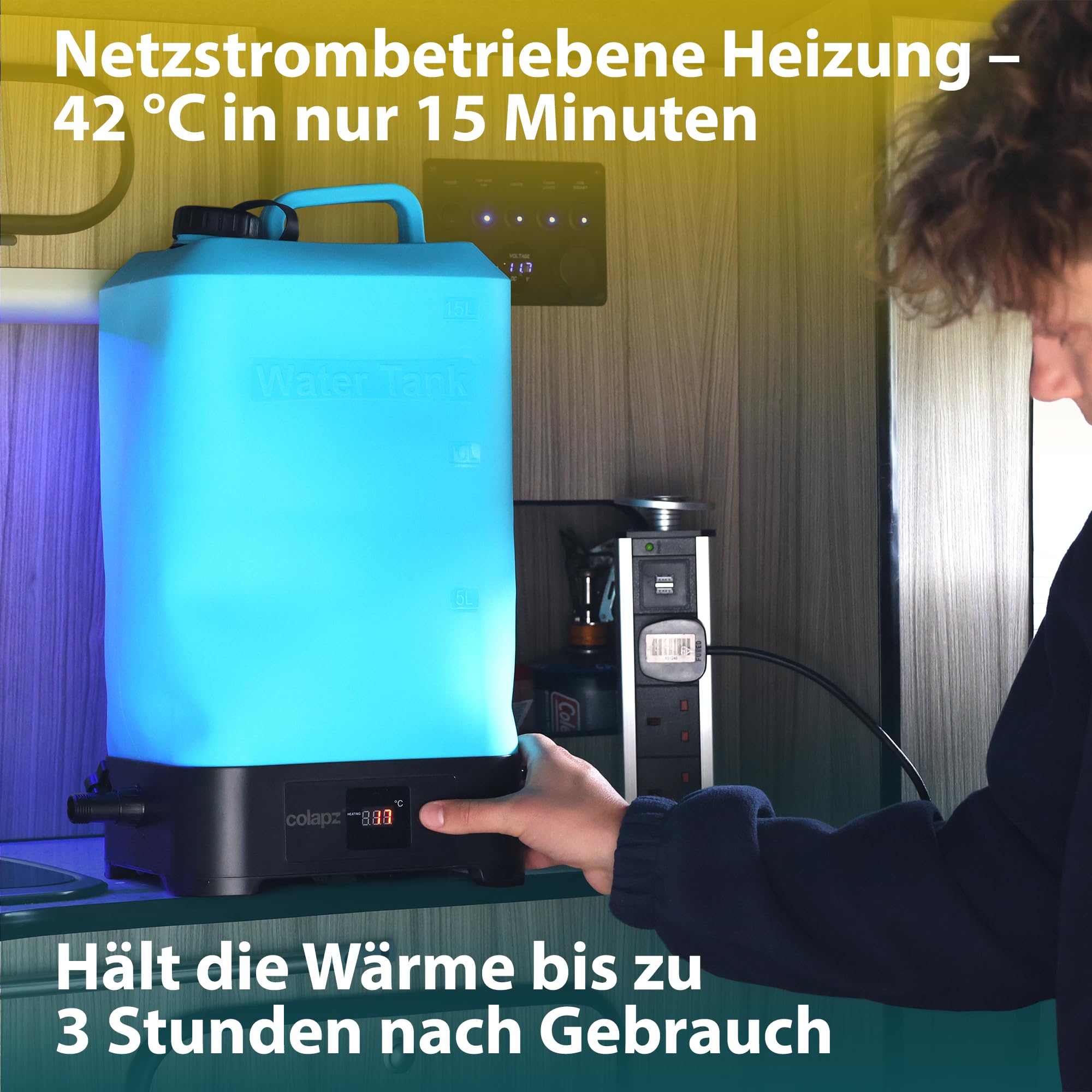 Colapz Elektrische Campingdusche mit Akku & 15L Wassertank – Tragbare Außendusche bis 42°C Warmwasser – Mobile Dusche für Wohnmobil, Van, Outdoor Reisen, Festival, Wandern & Garten
