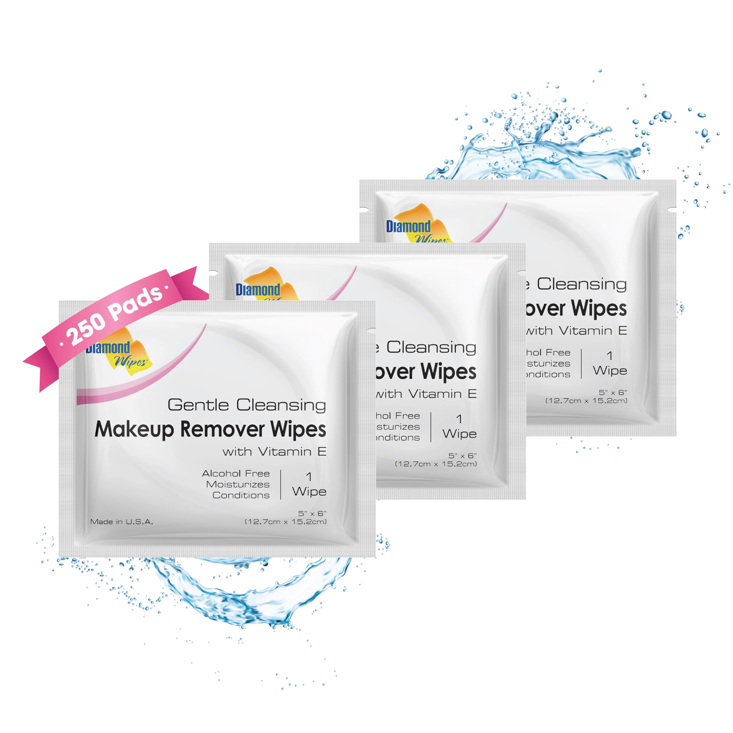 Diamond Wipes Toallitas faciales desmaquillantes resistentes al agua, caja de 250 toallitas sin alcohol y con vitamina E
