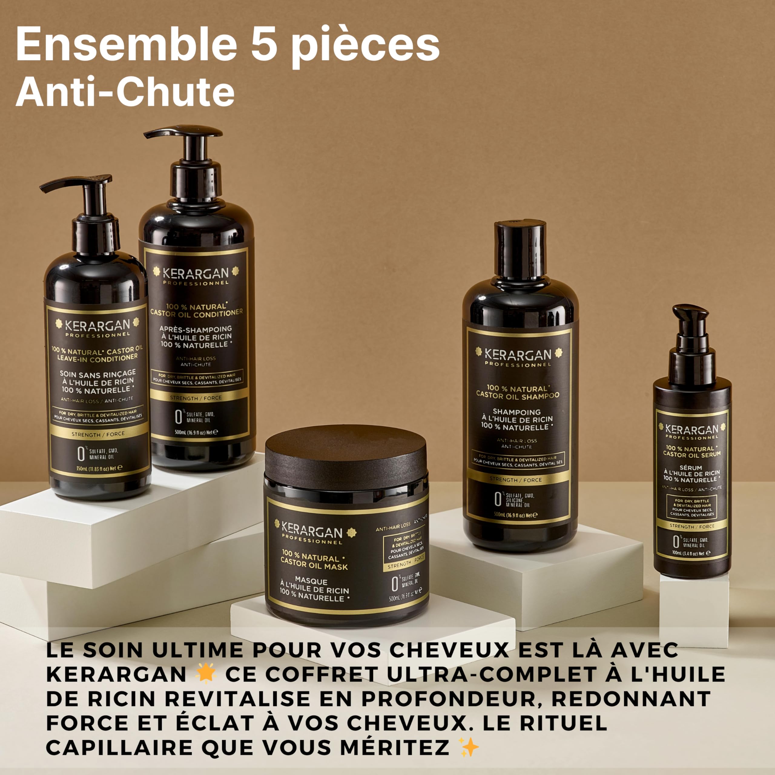 Kerargan - Ensemble Anti-Chute Shampoing, Après-shampoing, Masque, Sérum & Leave-In à l’Huile de Ricin pour Cheveux Abîmés - Soin Intensif Croissance - Sans Sulfate, Silicone - 3x500ml+100ml+350ml | Shampoing, après-shampoing, masque, sérum et soin sans r