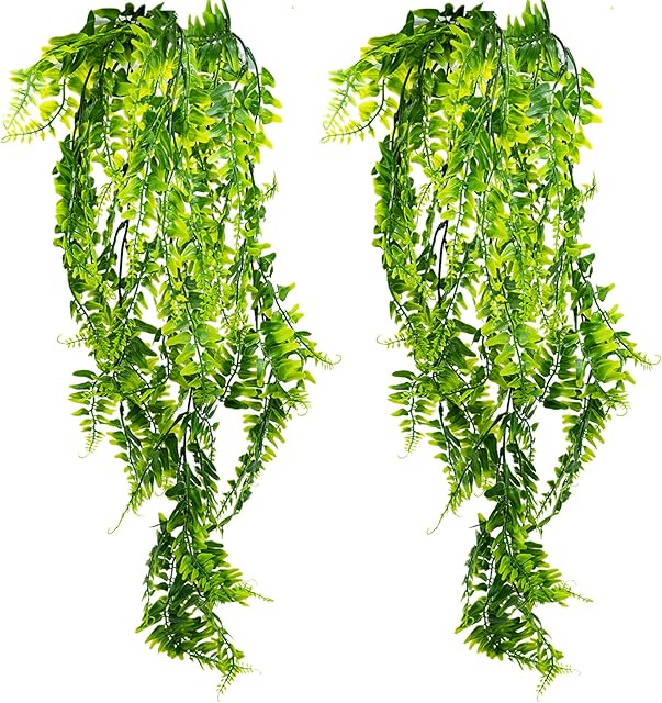 2 Pack Artificial Hanging Plants, Plastic Fake Ferns Ivy Green Leaves Hanging Garland, Fake Vine Hanging Basket, Greenery Faux Trailing Plant for Room Decor, Garden, Indoor Outdoor, Wall Decoration
