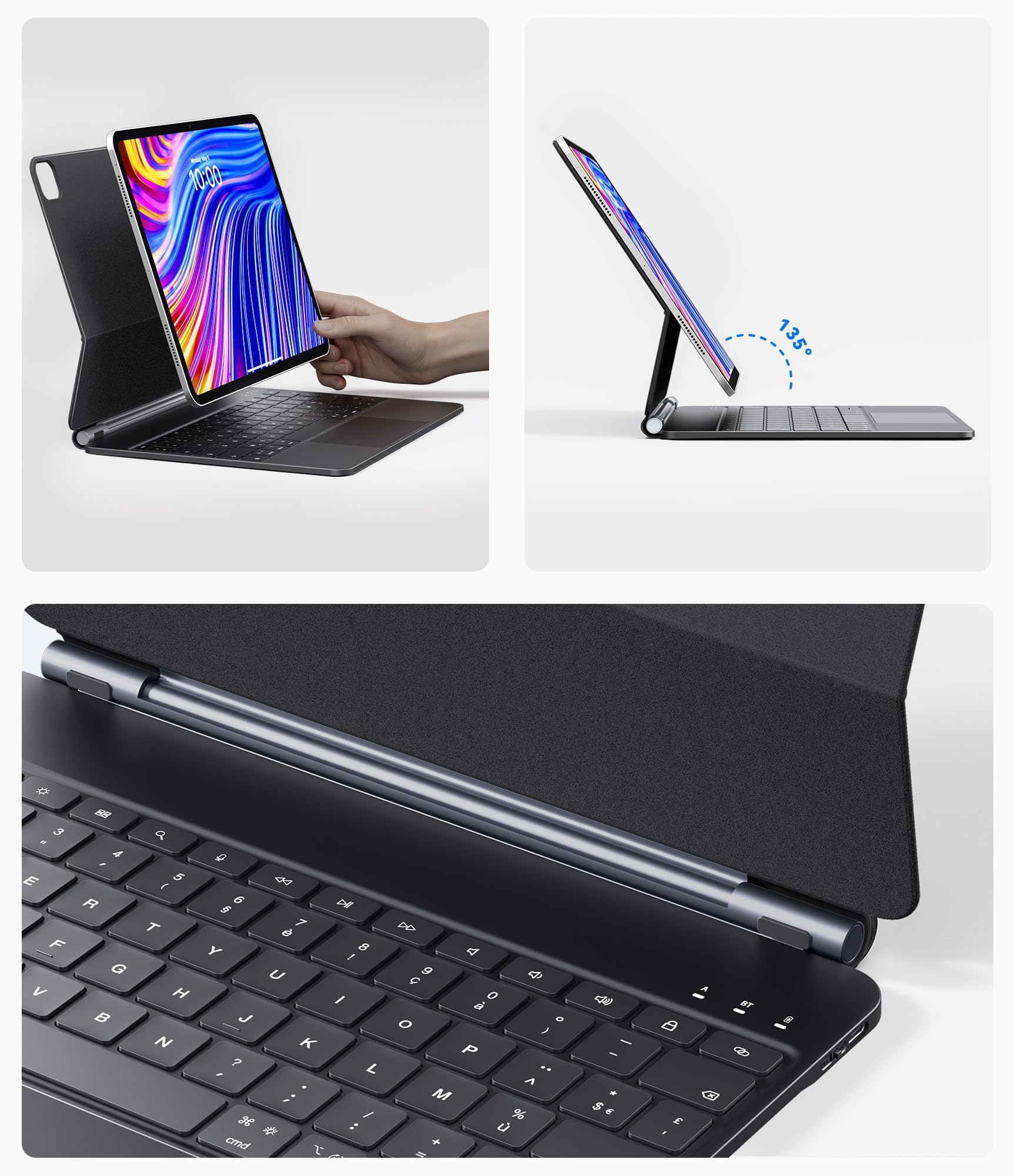CHESONA Clavier Magic pour iPad Air 13" (M4/M3/M2) et Pro 12.9" (3e-6e gén) | Flottant Magnétique Conception avec Touchpad, Rétroéclairage 7 Couleurs, Noir