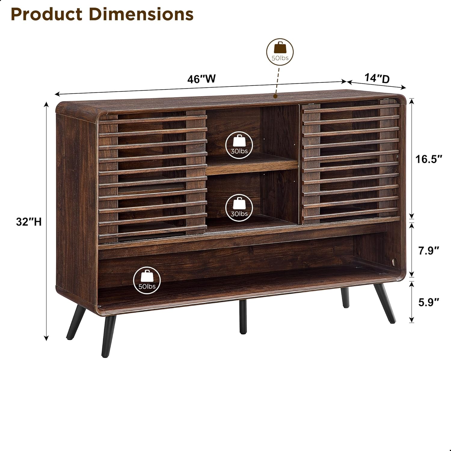 Diagram showing the dimensions of the RedLemon entryway table: 46 inches wide, 14 inches deep, 32 inches high. Also indicates weight capacities for tabletop (150 lbs) and shelves (30 lbs and 50 lbs).