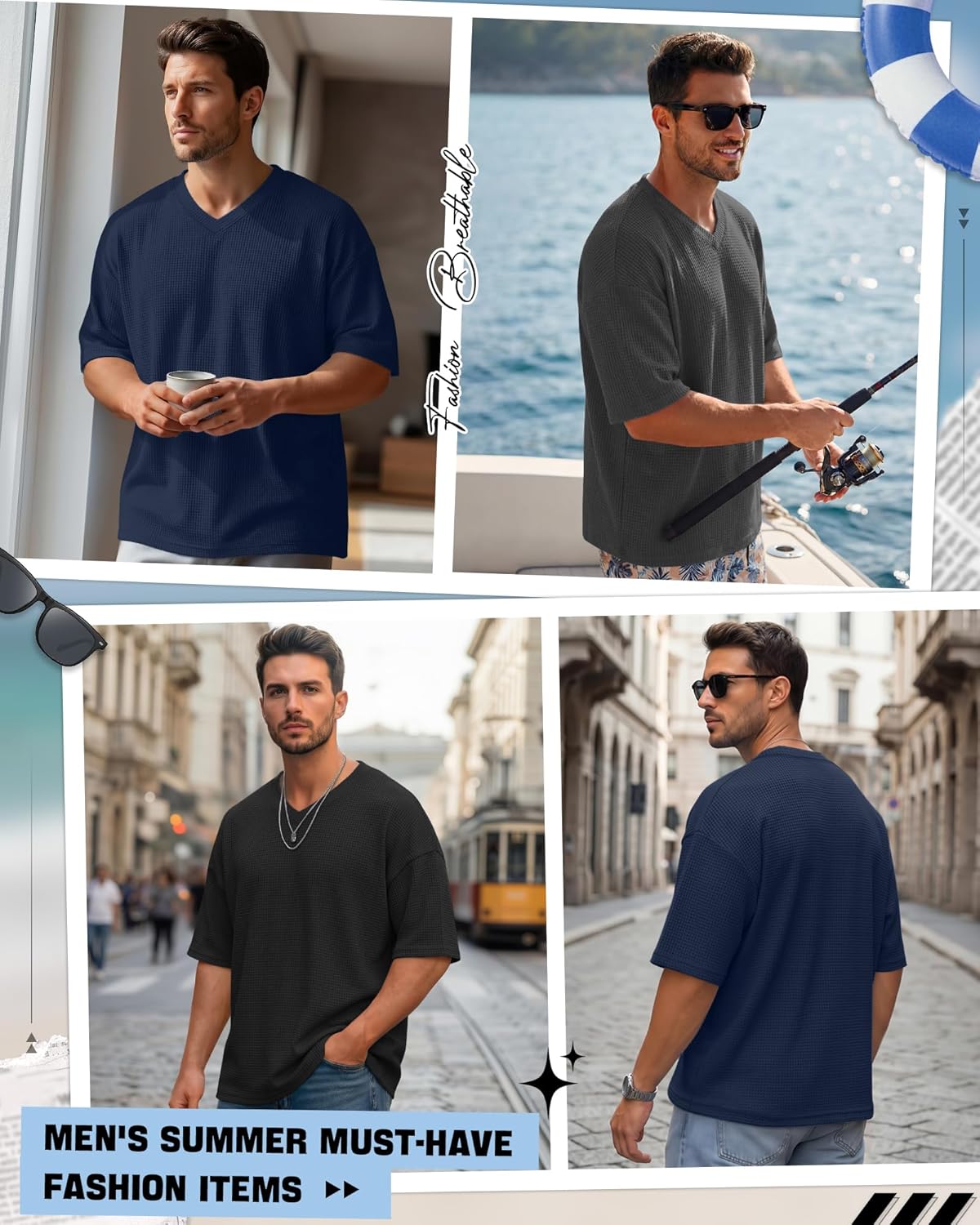 3 Pack Men's Oversized Waffle T-Shirts V Neck Short Sleeve Lightweight Tops Knit Drop Shoulder Casual Pullover Tee