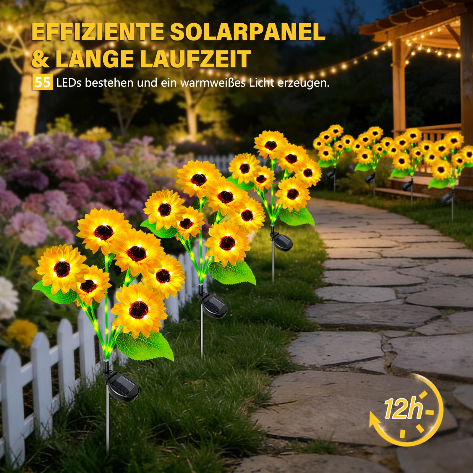 2 lampade solari a forma di girasole, 55 LED, luce bianca calda, illuminazione solare per vialetti, luci a forma di girasole, IP44, impermeabili, per giardino, sentiero, terrazza, decorazione