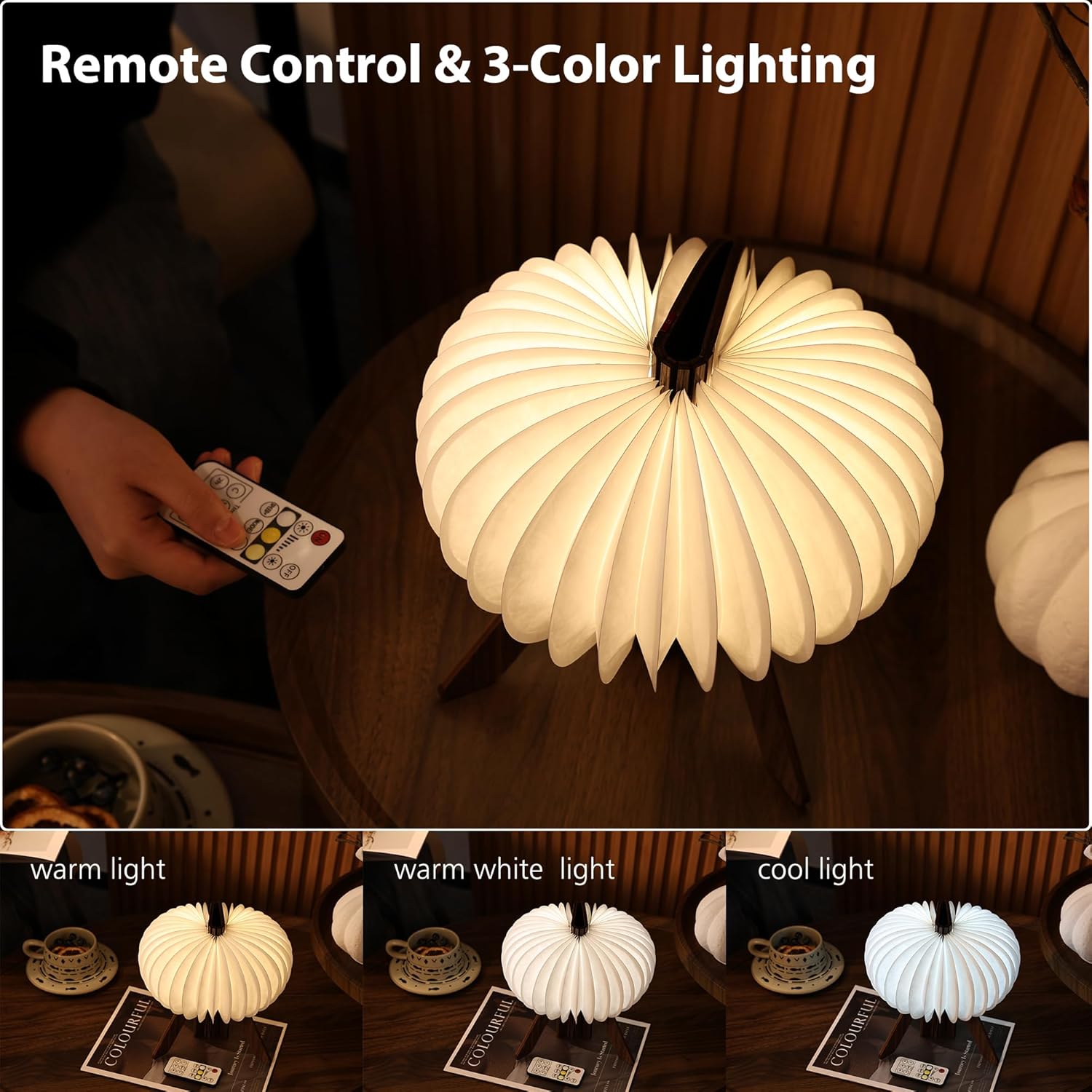 R-Shape Pumpkin Table Lamp with Touch & Remote Control | 3-Color Dimmable | Rechargeable 1200mAh Portable Night Light | Ideal Gift for Home & Outdoor Decor (Walnut)