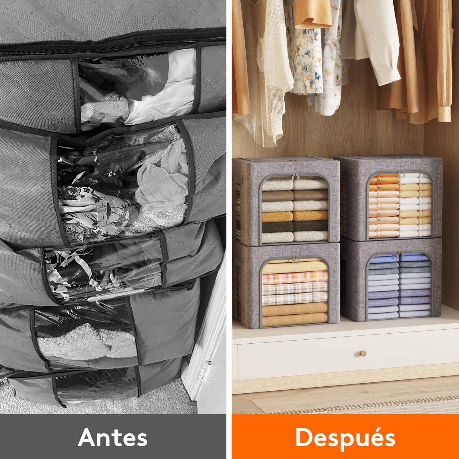 Lifewit 3 Piezas Cajas Almacenaje Ropa con Marco de Metal, Organizador Armario Apilable, Bolsas Almacenaje Ropa, Bolsas Para Guardar Ropa, Edredones, Colchas, Gris Claro, 40L