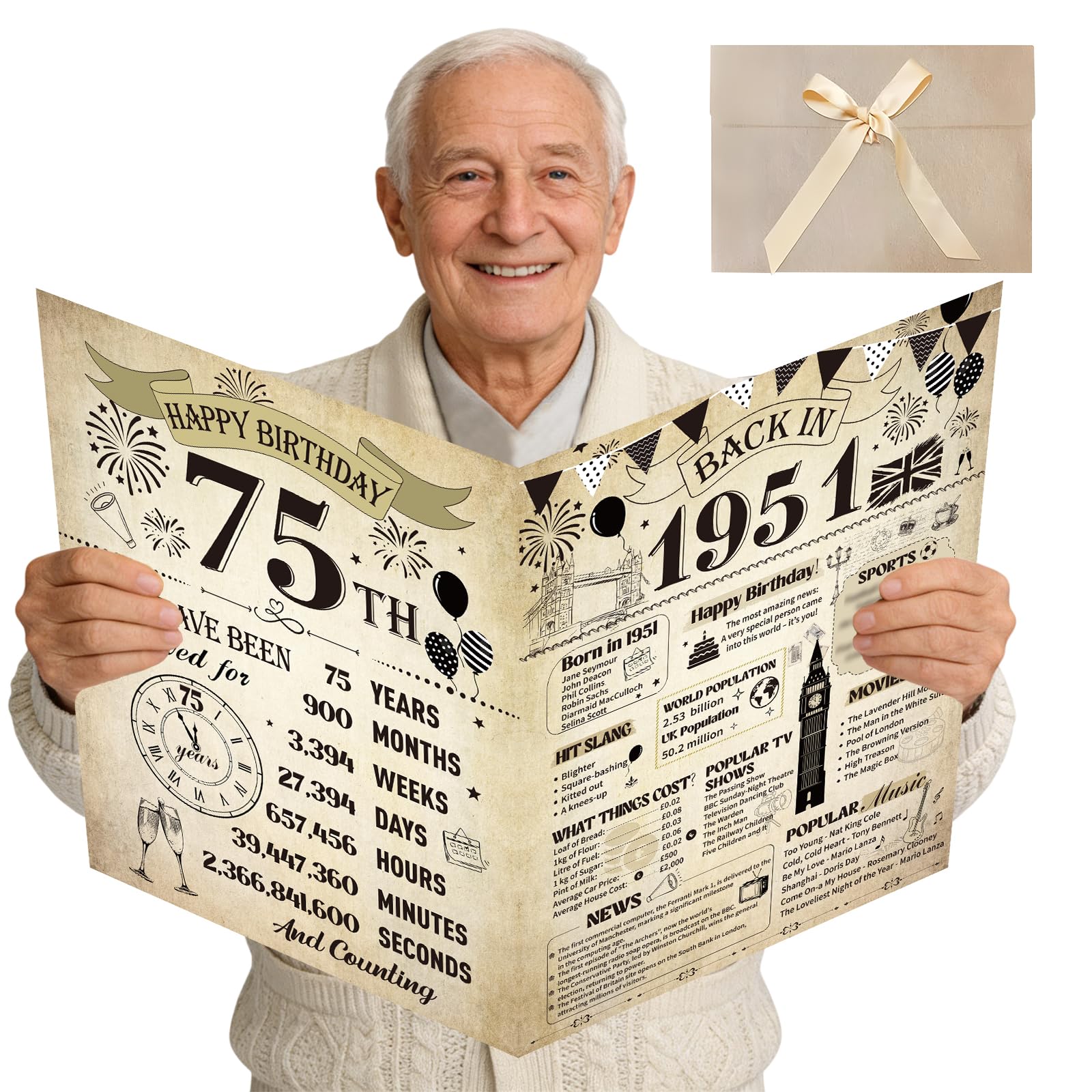 Eiapadeor Large 75th Birthday Card for Men - Vintage Back in 1951 75th Birthday Card with Envelope Cheers to 75 Years Jumbo Guest Book Birthdays Gift for Women Men 75 Year Old Party Decorations