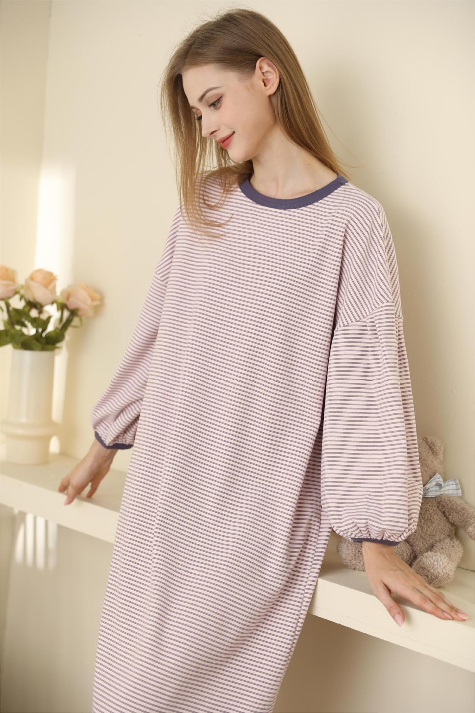 Generic Długie koszule nocne w paski dla kobiet, miękka koszulka nocna z okrągłym dekoltem luźna bielizna nocna Fit Pullover,Pink stripe,One Size