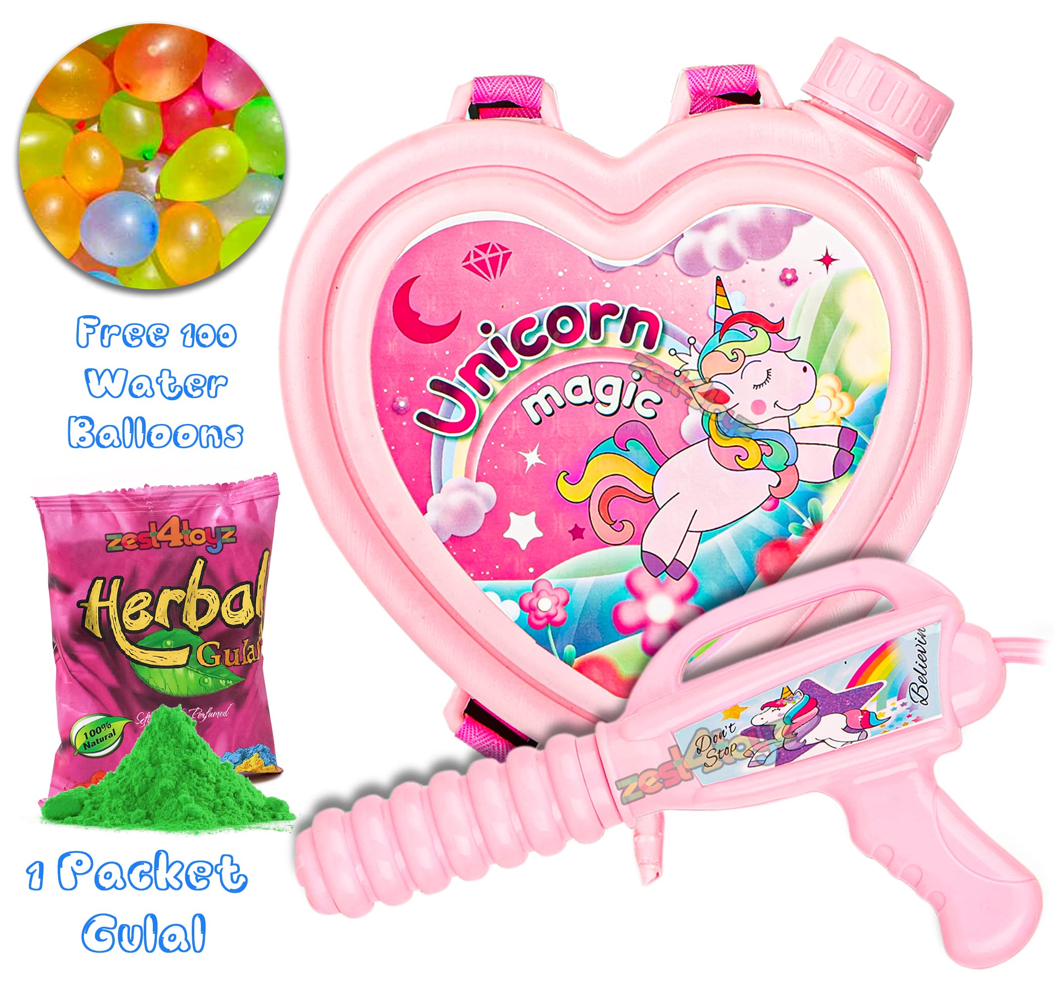 Zest 4 Toyz Holi Pichkari Water Gun for Kids Backpack Tank Spray Holi Combo with 1 Pkt Holi Color and 100 Balloons for Holi Pool Parties for Boys and Girls (Heart Tank)