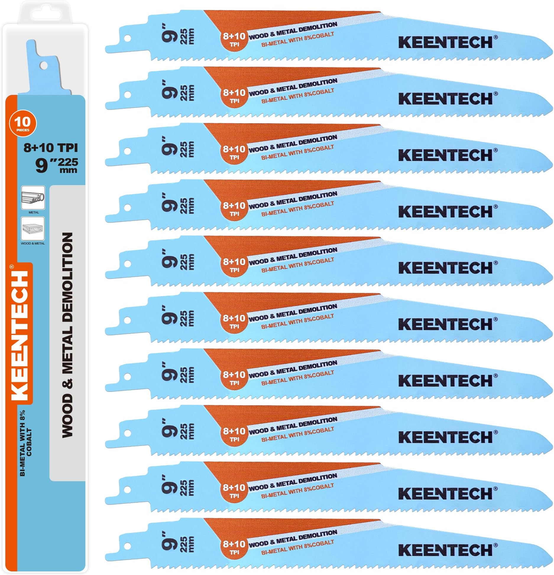 KEENTECHSawzall Blades Metal and Wood Demolition, 9 Inch 8+10TPI, M42 Bi-Metal Reciprocating Saw Blade with 8% Cobalt for Sheet Metal, Metal Pipe, Drywall, FRP, Composite Material Demolition 10 Pack