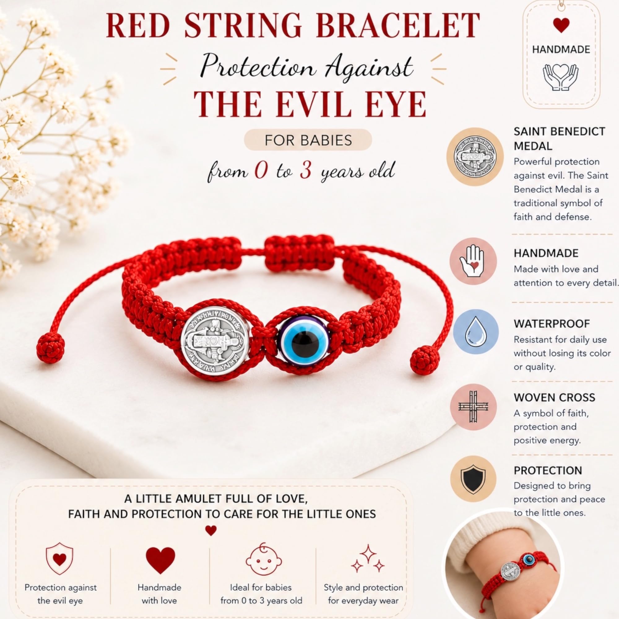 Liamlove Baby Armband, rotes Schnurarmband mit Heiligem Benedikt und bösen Blick für das neue Familienmitglied, St. Benedikt und Evil Eye Armband