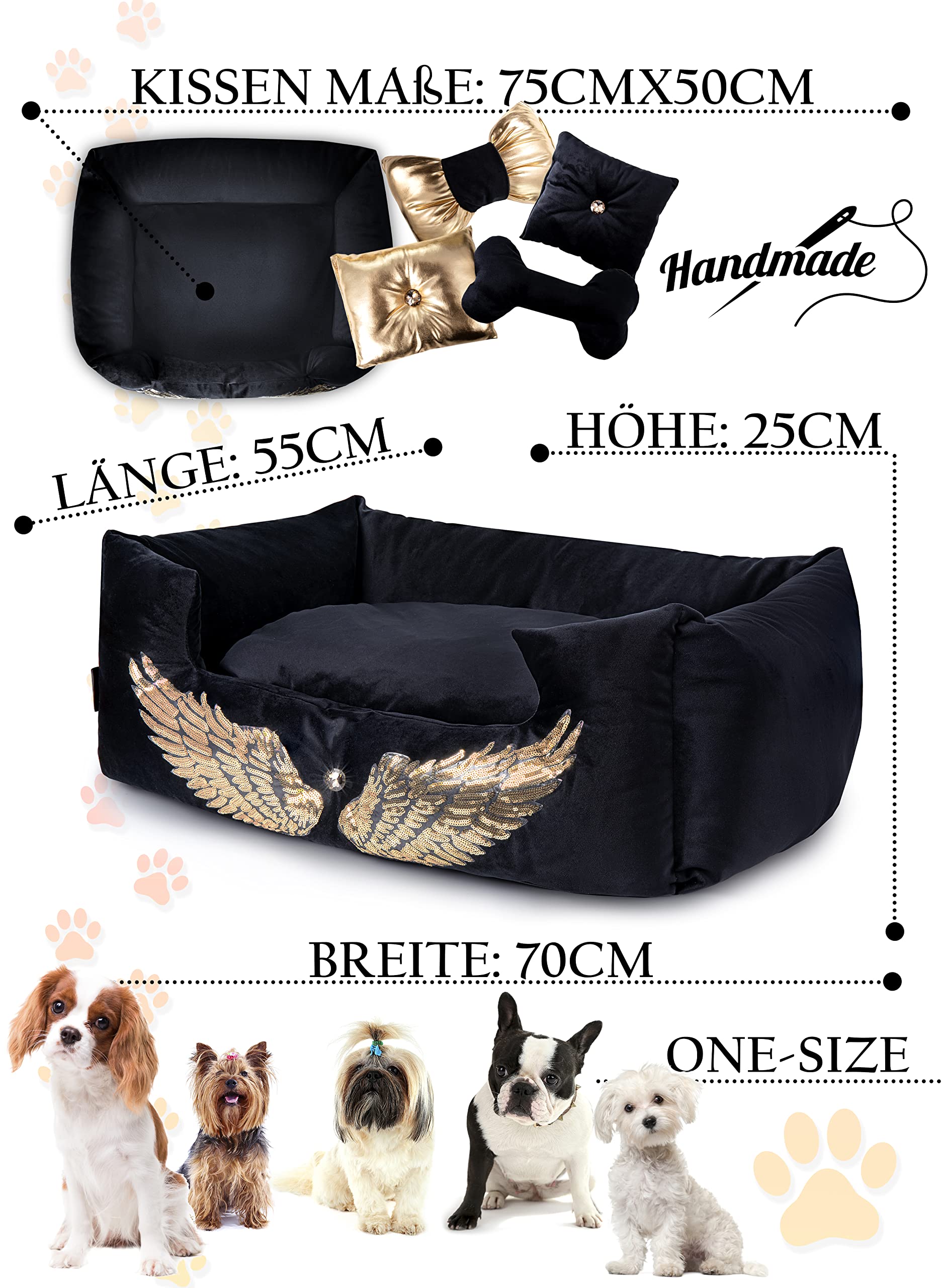 NELKE Lit pour chien, style glamour, canapé pour chien, noir avec ailes dorées, canapé de luxe pour chiens de petite et moyenne taille, coussin lavable