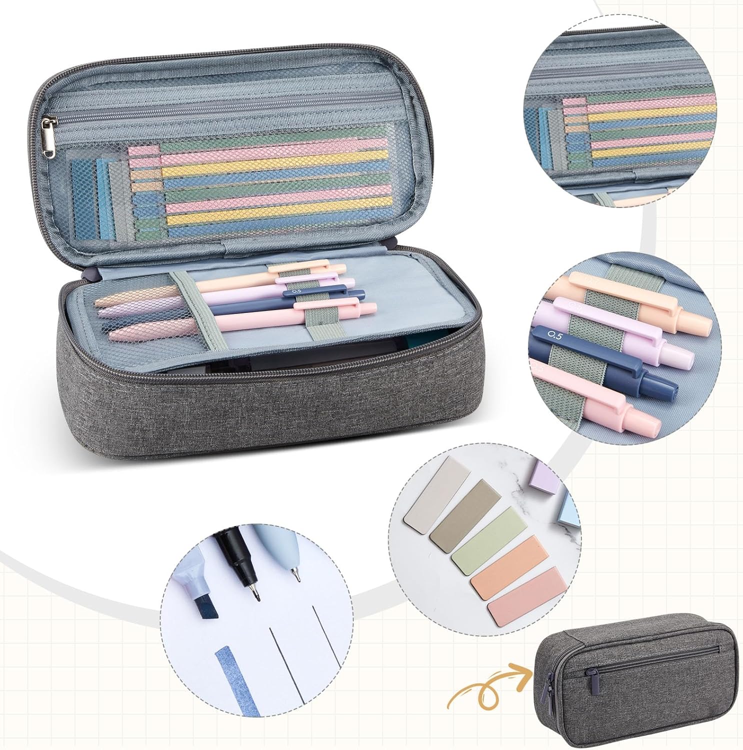 Sinload 60 Pcs Aesthetic Book Annotation Kit Gray Pencil Case with Highlighter Gel Pen Mechanical Pencil Magnetic Bookmarks Transparent Sticky Note Tabs Mini Office Supplies