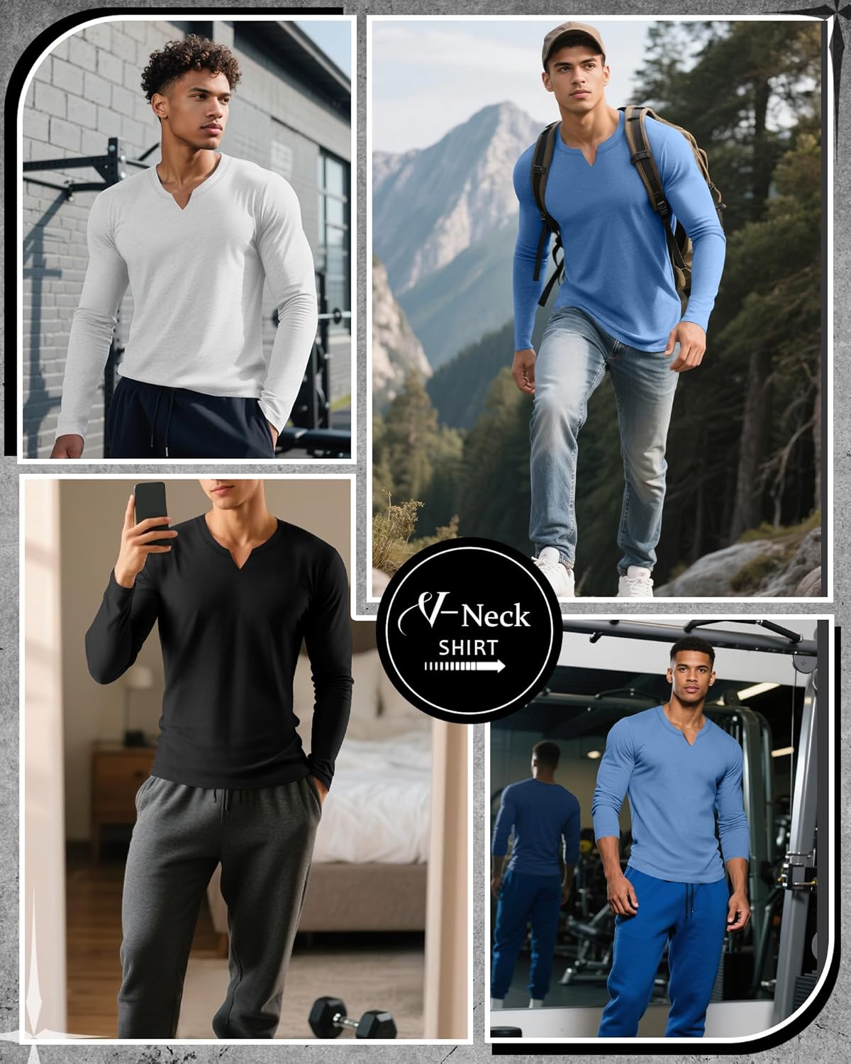 Riyiper 3 Pack Men's Long Sleeve T Shirts, V Neck Longline Henley Cotton Shirts Casual Muscle Tee Stretch Athletic Tops - Image 2