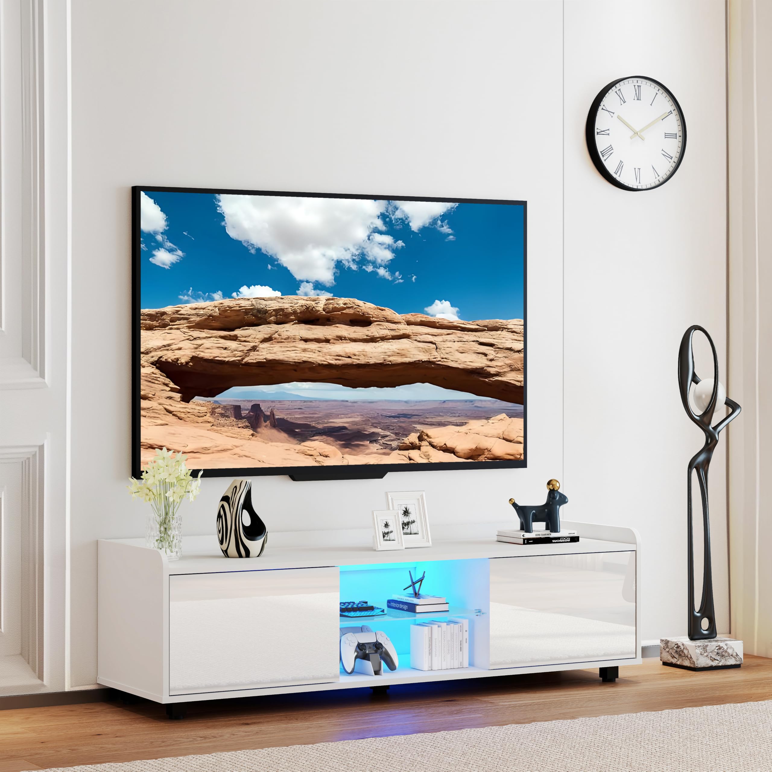 Panana Modern 140cm White TV Unit LED TV Stand Cabinet with RGB LED Lights