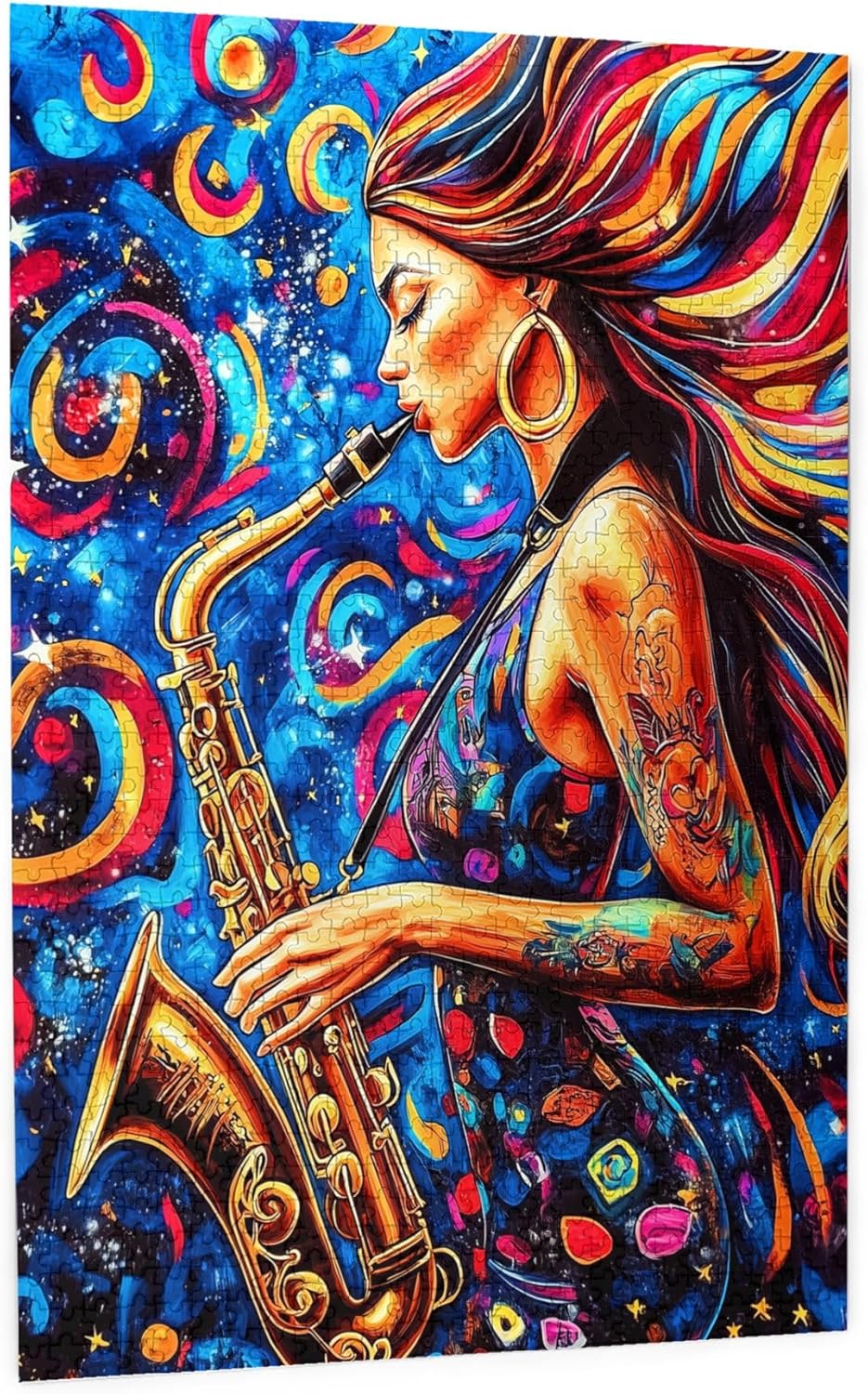 Colorful Saxophone African American Girl Jigsaw Puzzles for Adults 1000 Pieces, Ideal Christmas for Relaxation for Family Activity Game Fun